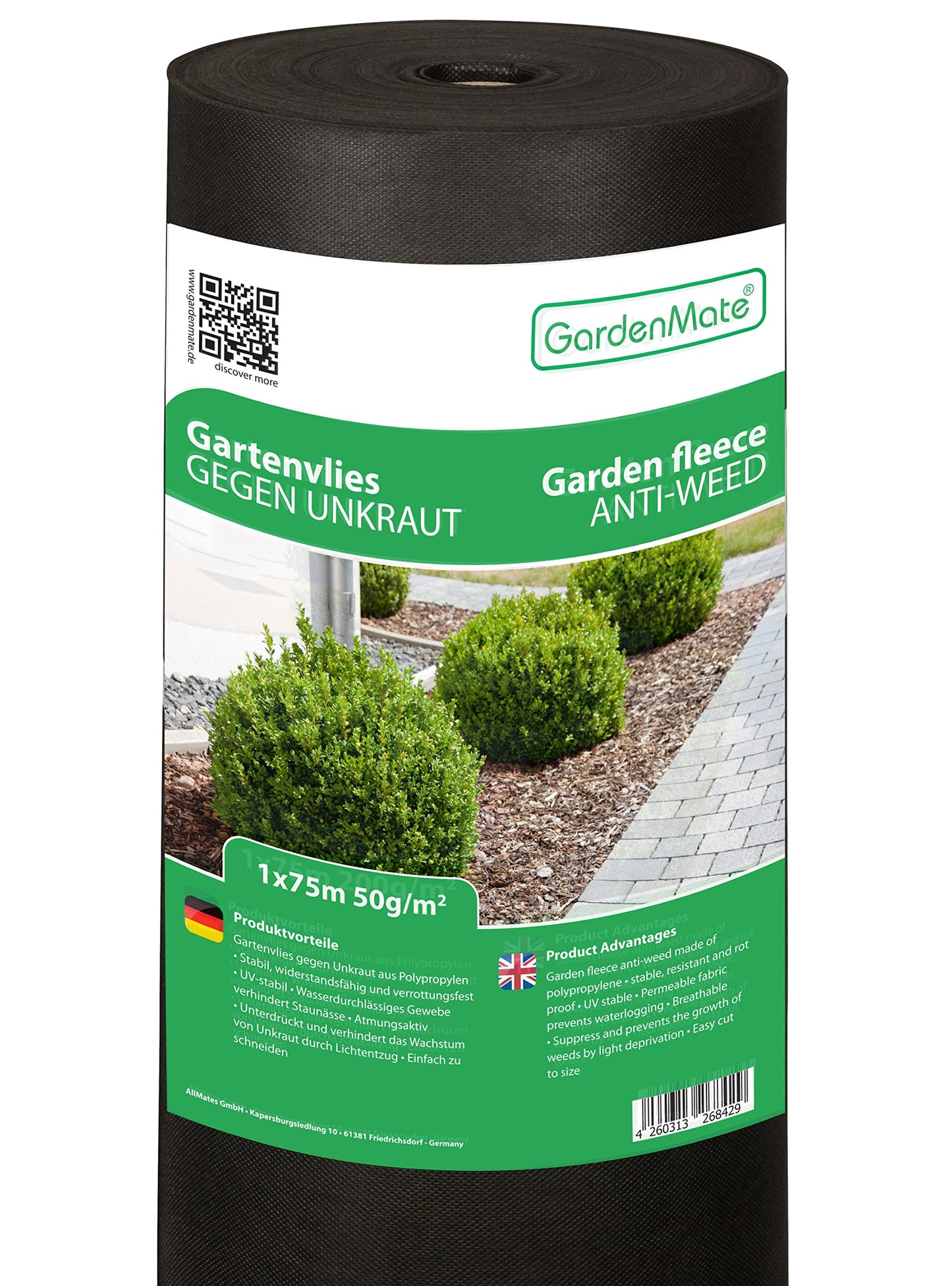 GardenMate 1m x 75m garden fleece 50g/m? - roll of weed fleece - Tear-resistant - High UV stabilisation - Water permable