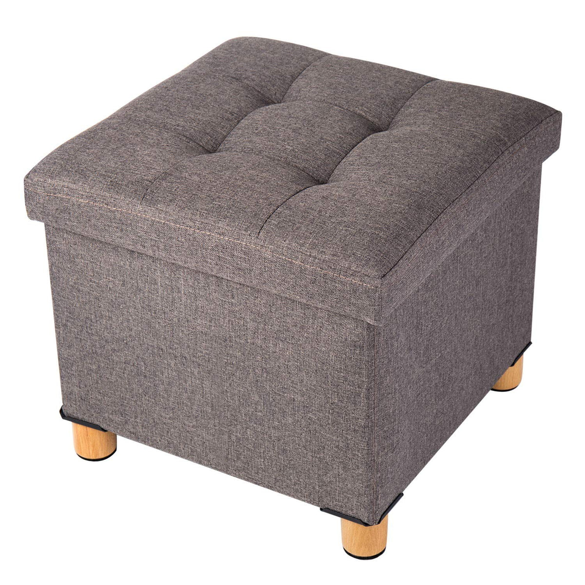 BRIAN & DANY Folding Ottoman Storage Box with Wood Legs, Linen Foot Stool, Footstool with Storage, Highly Elastic Sponge Filling, Brown, 38 x 38 x 38