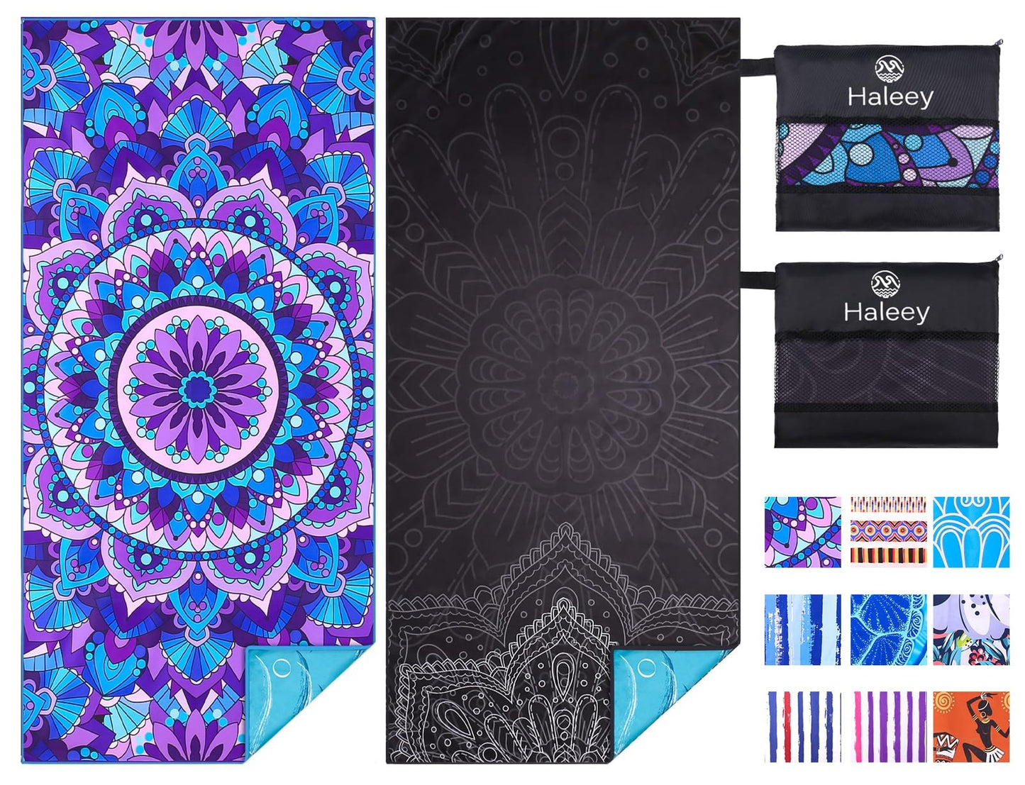 Haleey 2 Pack Microfibre Lightweight Beach Towel 180x80cm Oversized Extra Large Thin Sand Free Towels Travel Swim Pool Yoga Gym Camping for Adults