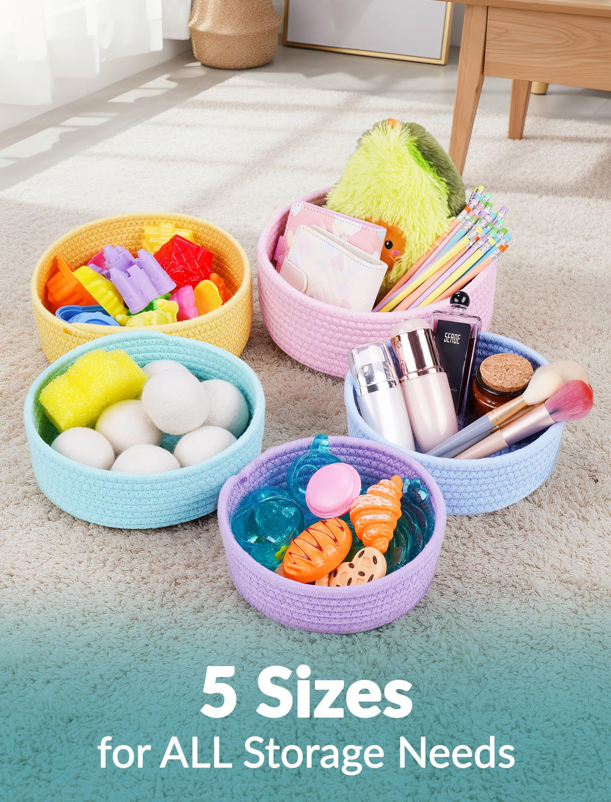 NiHome 5-Pack Cotton Rope Storage Baskets, Woven Round Bin Set, Rainbow