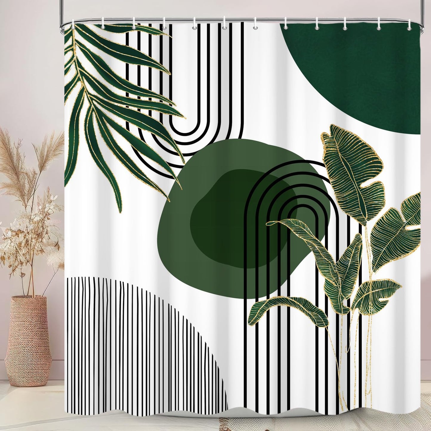 GCIREC Shower Curtain, 180x200cm, Dark Green Boho Mid Century Modern Abstract with Minimalist Leaf Waterproof Fabric Machine Washable Bathroom