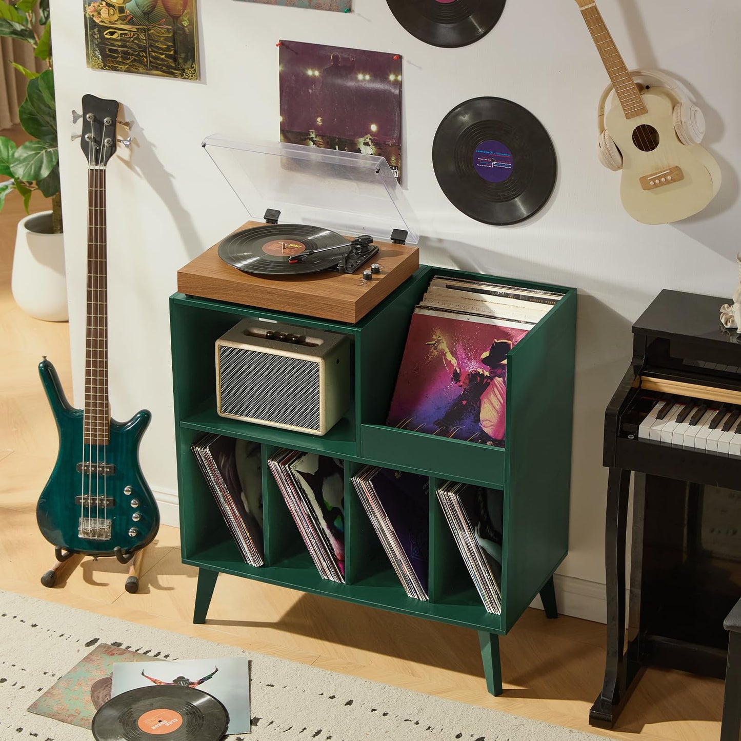 LELELINKY Large Record Stand With Storage and Shelf - Vinyl Holder With Presentation Surface for Up to 300 Albums - Music Room and Living Room