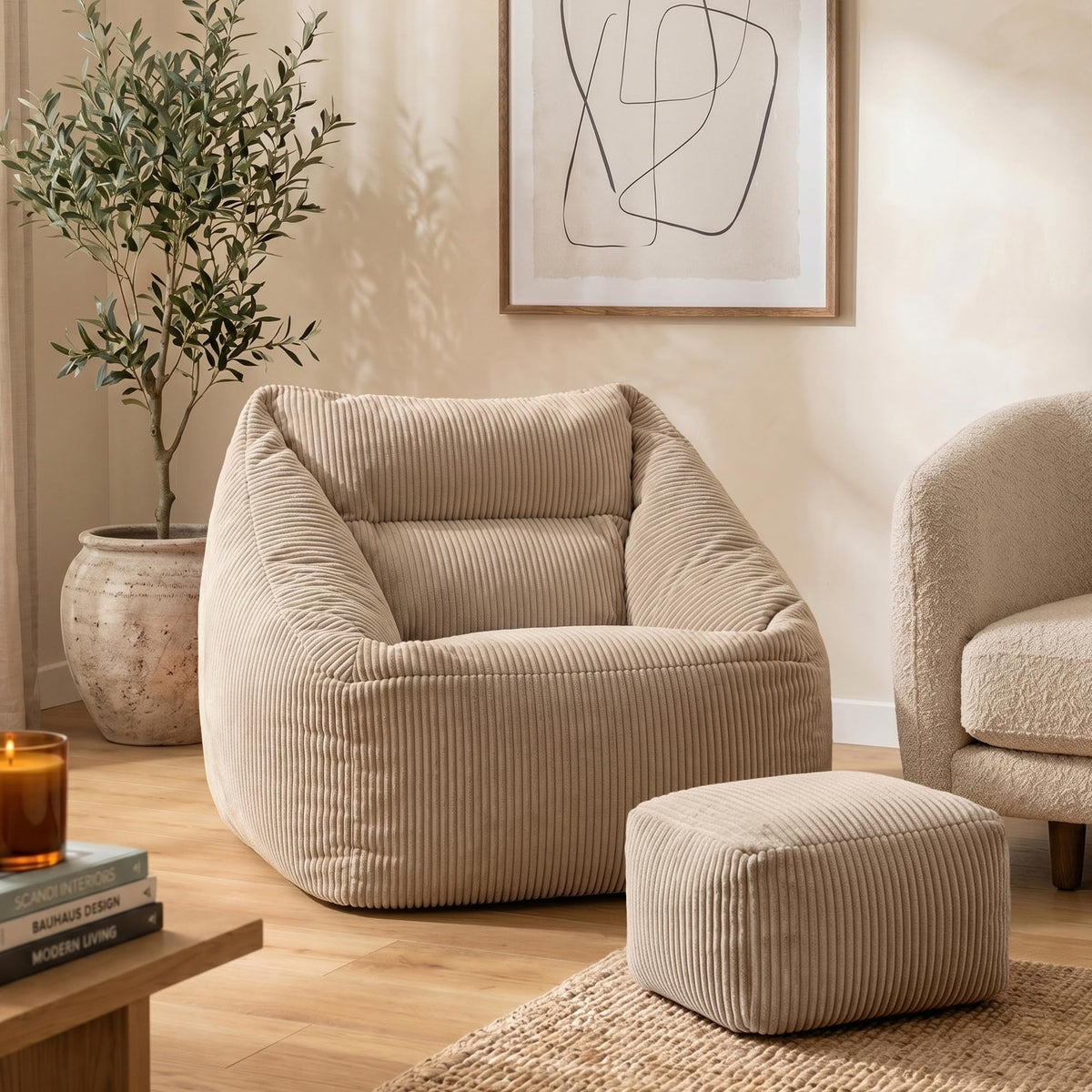 icon Natalia Cord Bean Bag Chair & Footstool with Filling Included, Beige