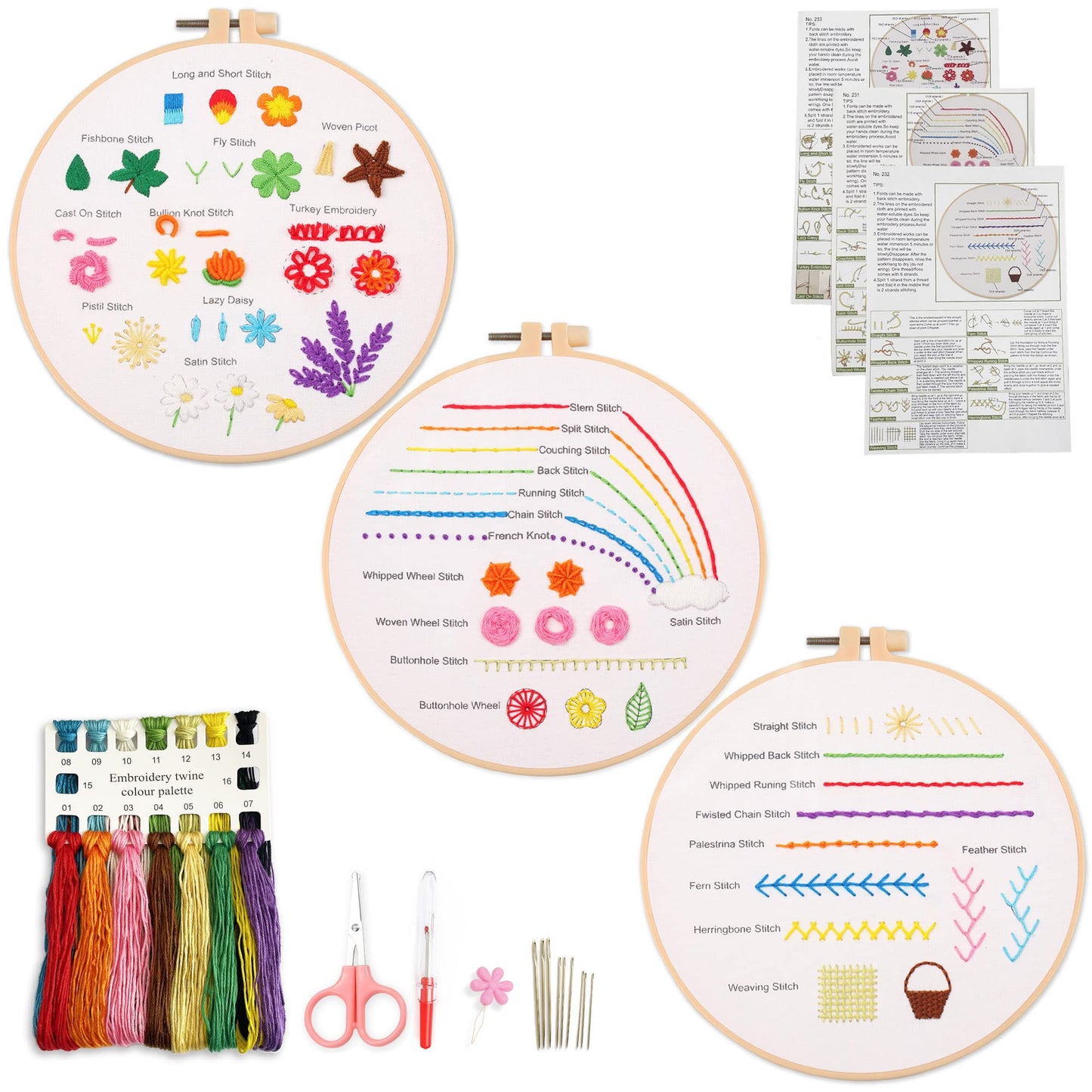 Myfilicity Embroidery Beginners Stitch Practice kit, 3 Embroidery Starter Kits, Learn 30 Different Stitching Techniques for Craft Enthusiasts to
