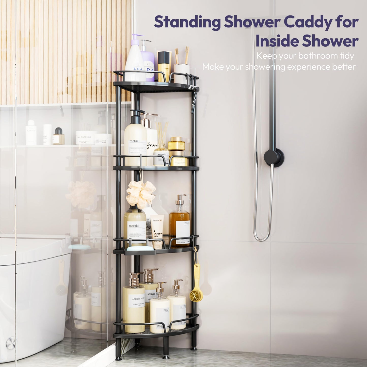 SWTYMIKI Corner Shower Caddy - 4 tier Bathroom Corner Shelf Shower Organizer Corner with 4 Hooks, Rust Free Standing Shower Caddy with Soap