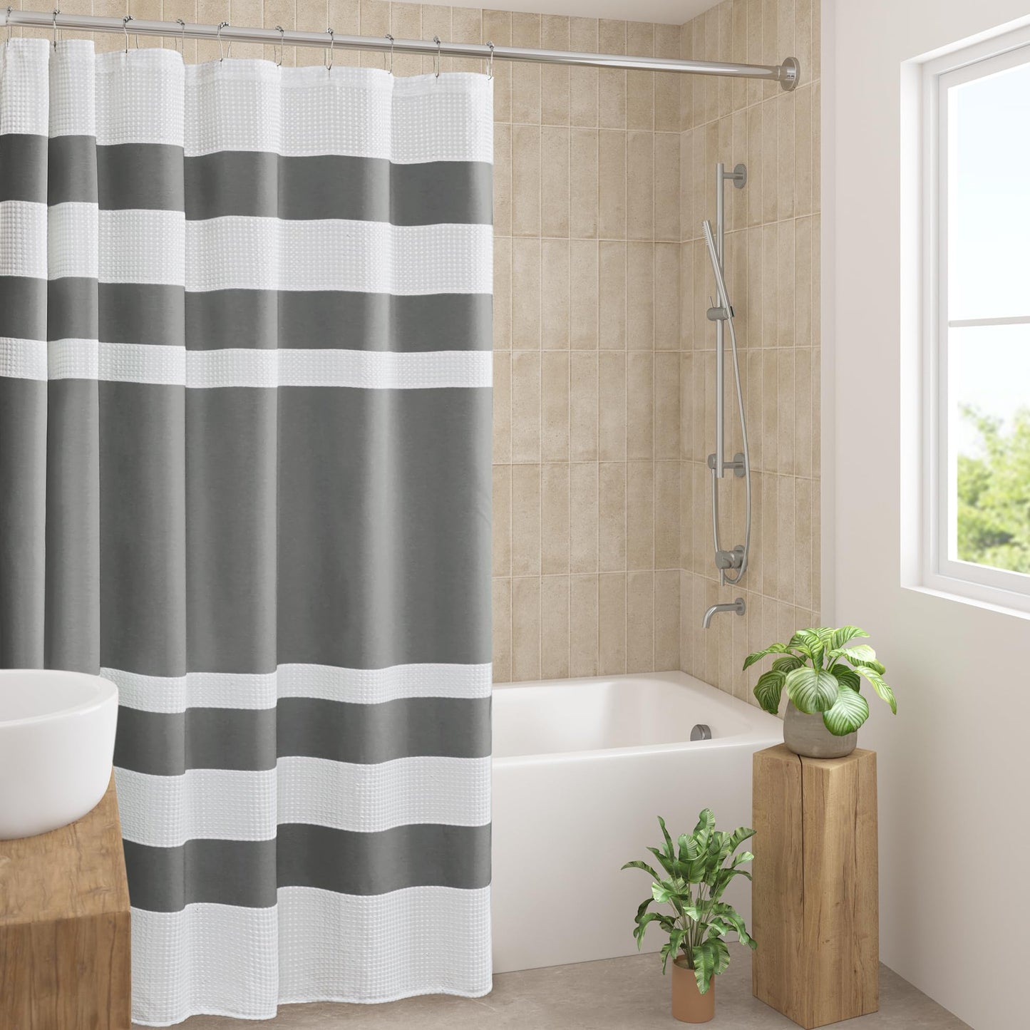 Madison Park Spa 3M Scotchgard Waffle Stripe Bathroom Shower Curtain with Moisture Management 3M Spa Quality Modern Standard 72" x 72" Charcoal