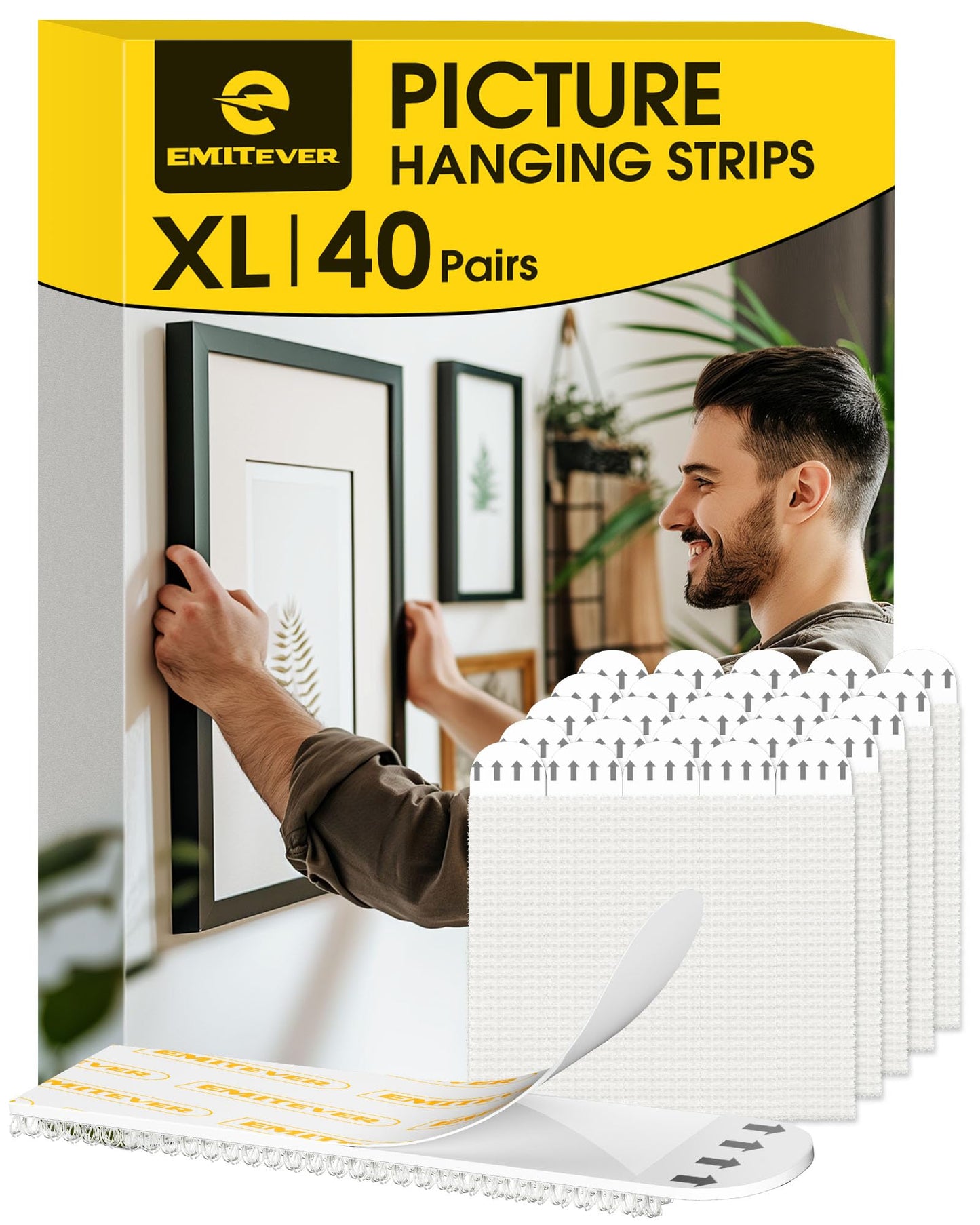 Emitever Picture Hanging Strips 40 Pairs (80 Strips, XL) Holds Up to 7.2 kg, Wall Stickers for Picture Hanging, No Nails Damage-Free Frame Poster