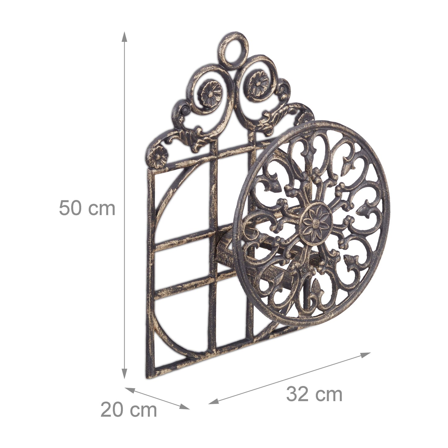 Relaxdays Antique Hose Holder, Cast Iron, Vintage Look, Wall-Mounted, HxWxD: 50 x 32 x 20 cm, Garden Hose Hanger, Bronze