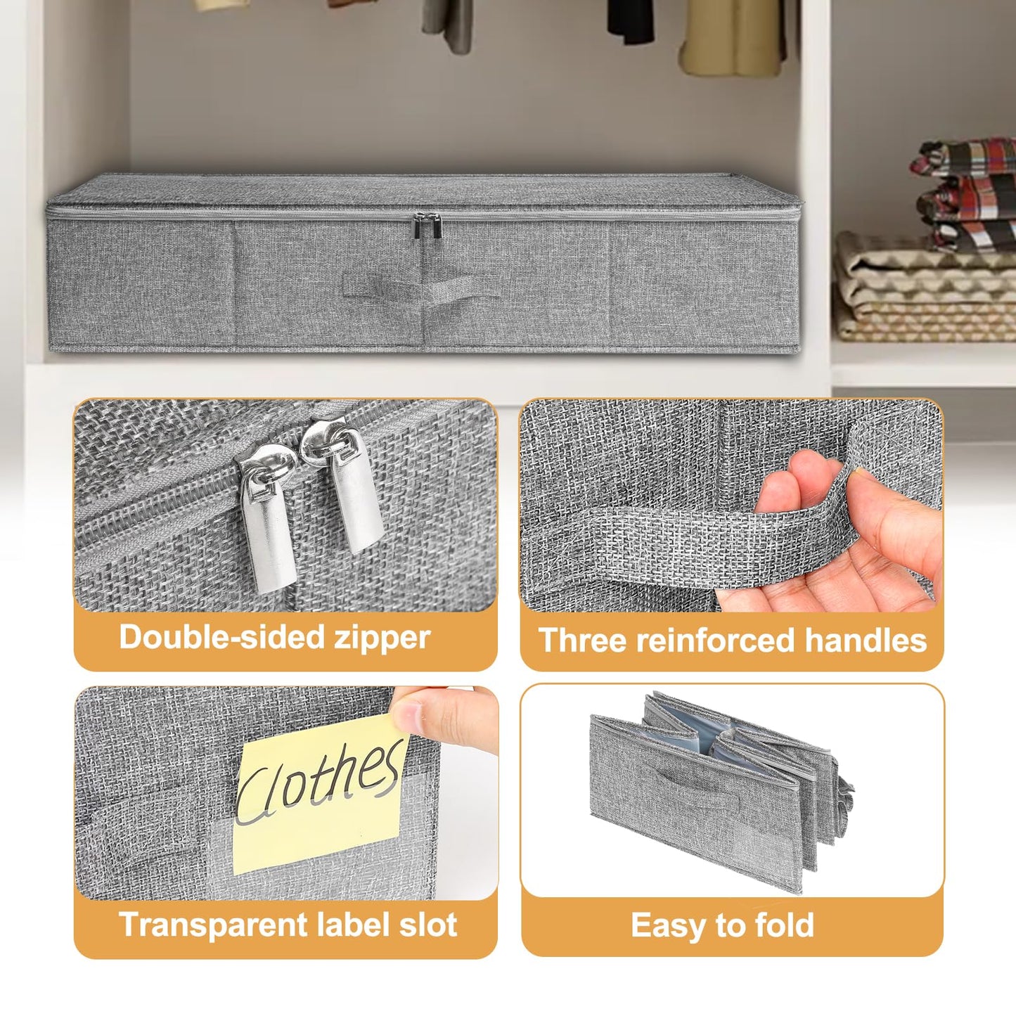 Under Bed Storage, 3 Pack Large Underbed Storage Boxes with Lids, Foldable Sturdy Under Bed Clothes Storage Drawer Organiser W/ 3 Handles, Ultra Thick