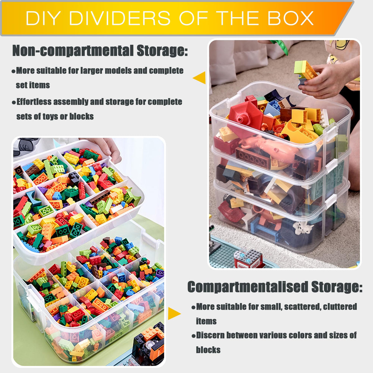 Storage Organiser for Lego 3 Layers Stackable Kids Toy Box With Base Plates Lids Plastic Multi Compartment Building Blocks Craft Sorting Container