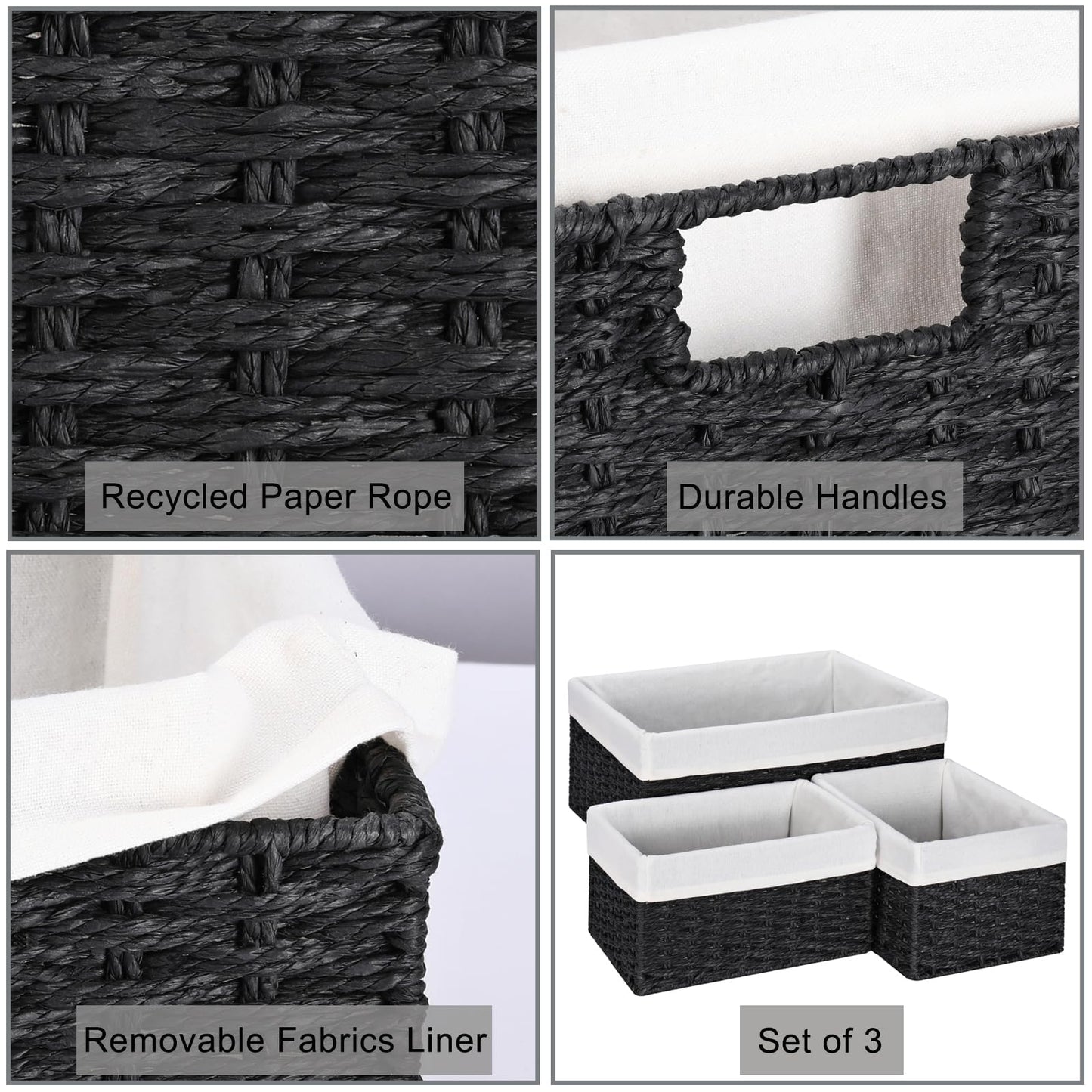 Vagusicc Wicker Storage Basket, Set of 3 Rectangular Storage Gift Hamper Basket with Removable Fabric Lining