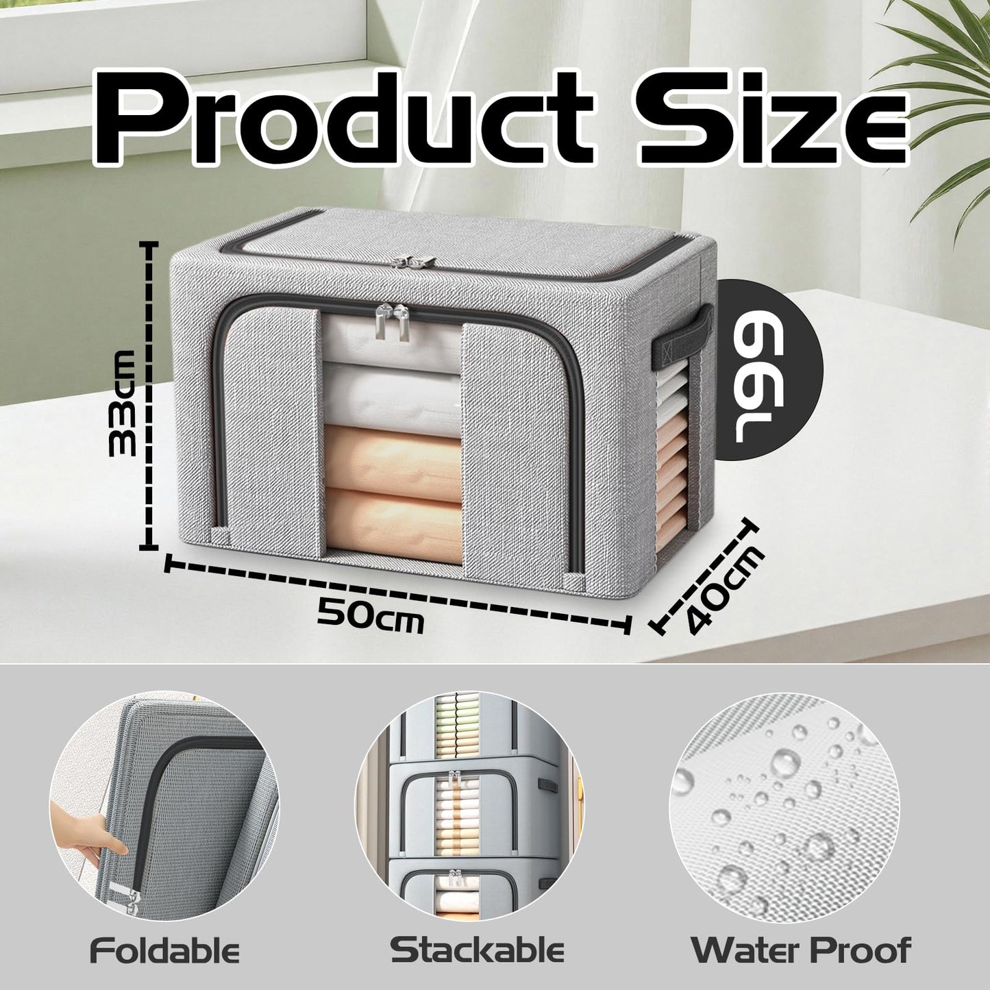 BOUDOI Clothes Storage Boxs With Lid，Large Storage Box With Double opening Zips Clear Windows，Foldable Oxford Cloth Steel Frame