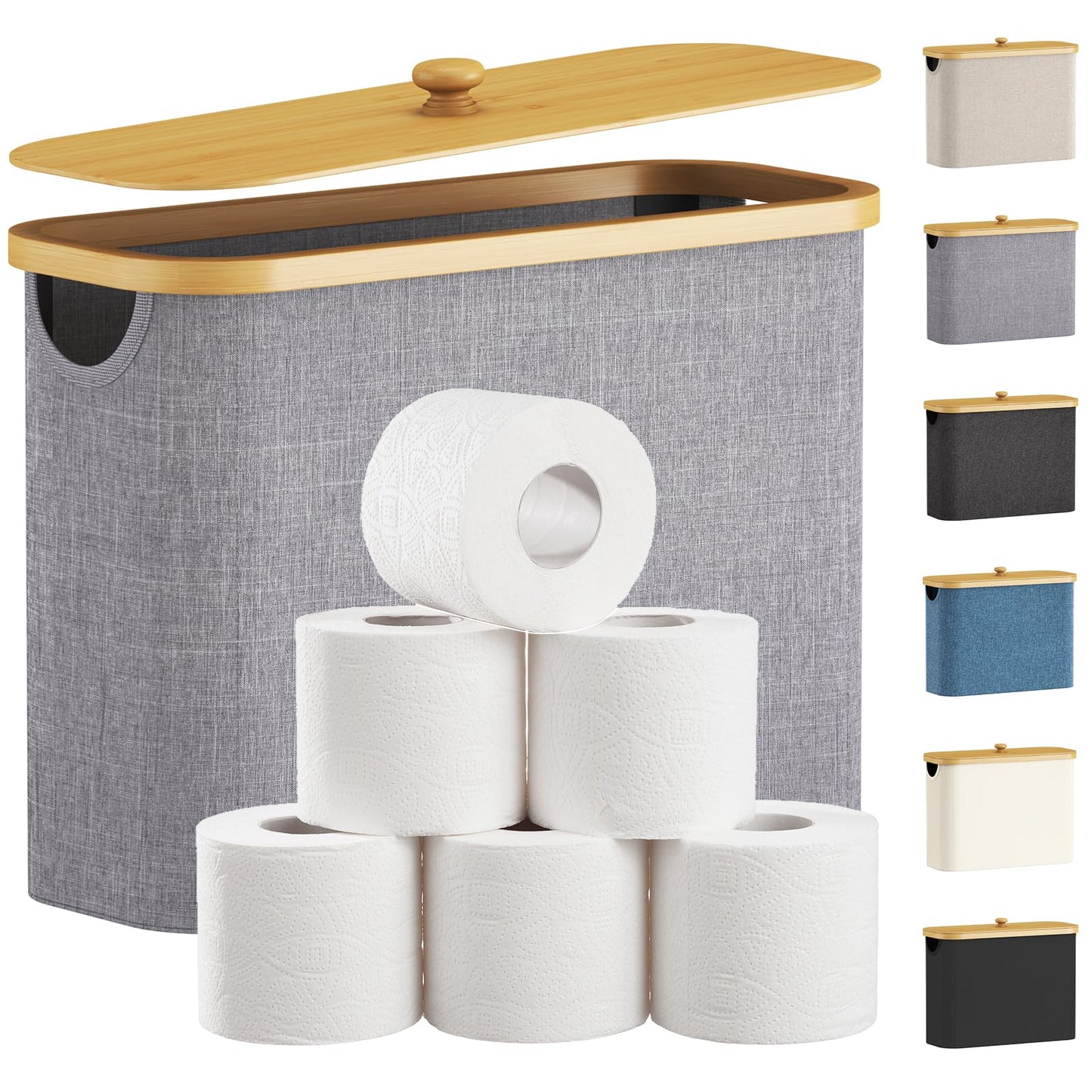 Lifewit 23L Toilet Roll Storage, Bathroom Storage Box Holder Stand with Lid, Bamboo Multifunctional Toilet Paper Basket Cabinet with Handle, Grey