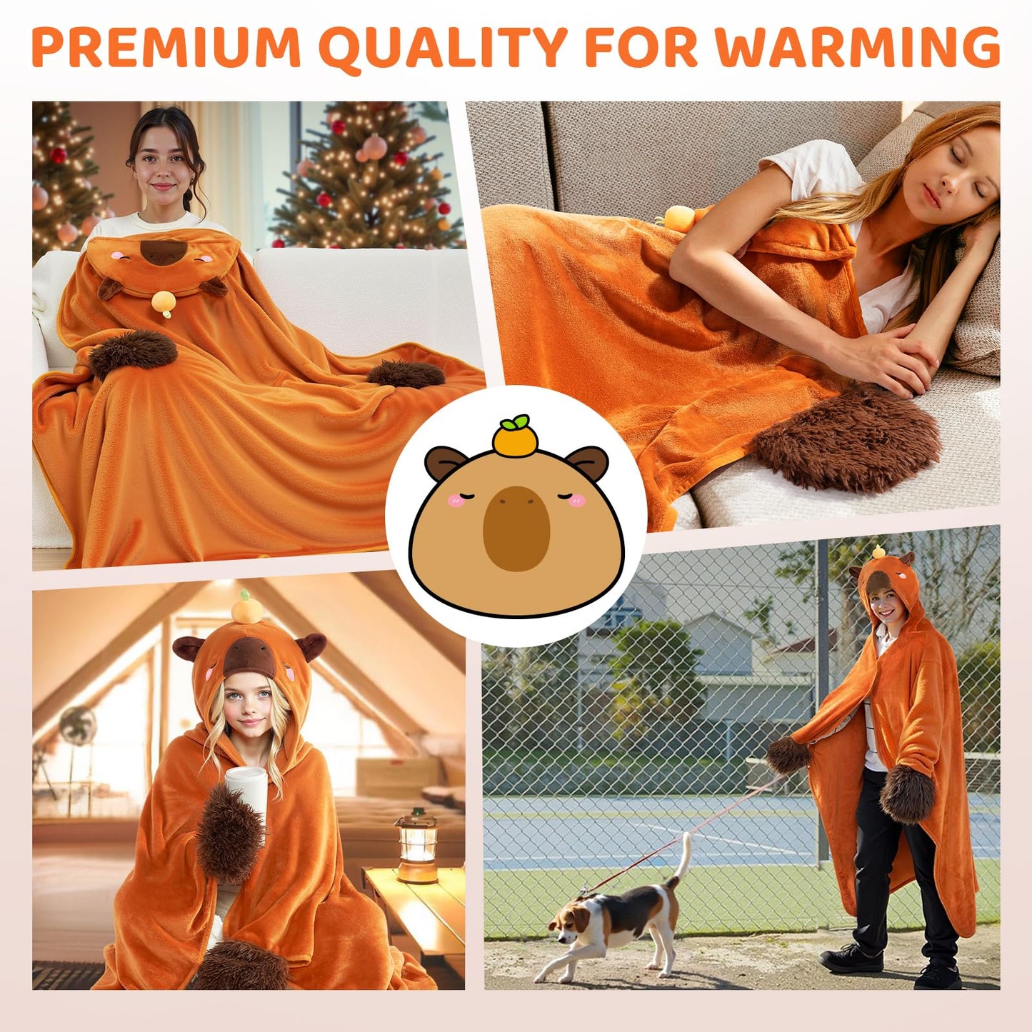 Mewaii Oversized Wearable Blanket Hoodie Kawaii Capybara Hooded Cloak,Soft Plush Flannel Blanket Hoodie,Unisex Cozy Blanket for Kids Women Men,Great