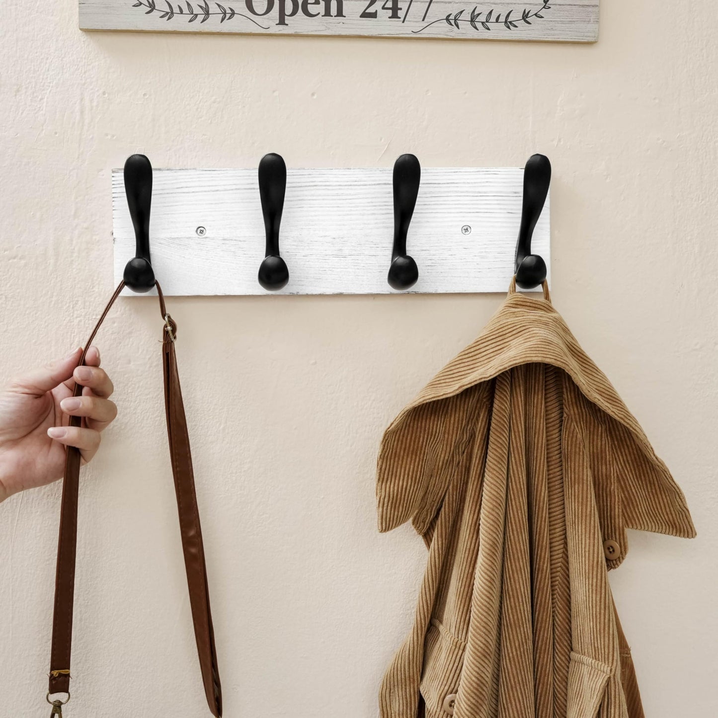 HONSKY Wooden Coat Rack Wall Mounted with 4 Double Hooks, Wall Mounted Clothes Rack Organizer for Jackets/Hats/Scarves