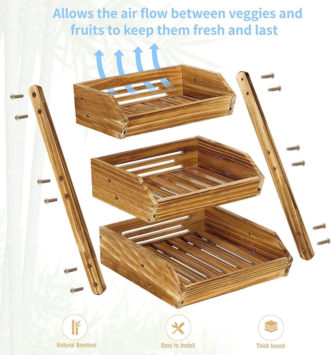 CALM COZY Fruit Basket, 3 Tier Wooden Fruit Basket Bowl Holder for Kitchen, Bread Fruit Storage Basket Wooden Vegetable Rack