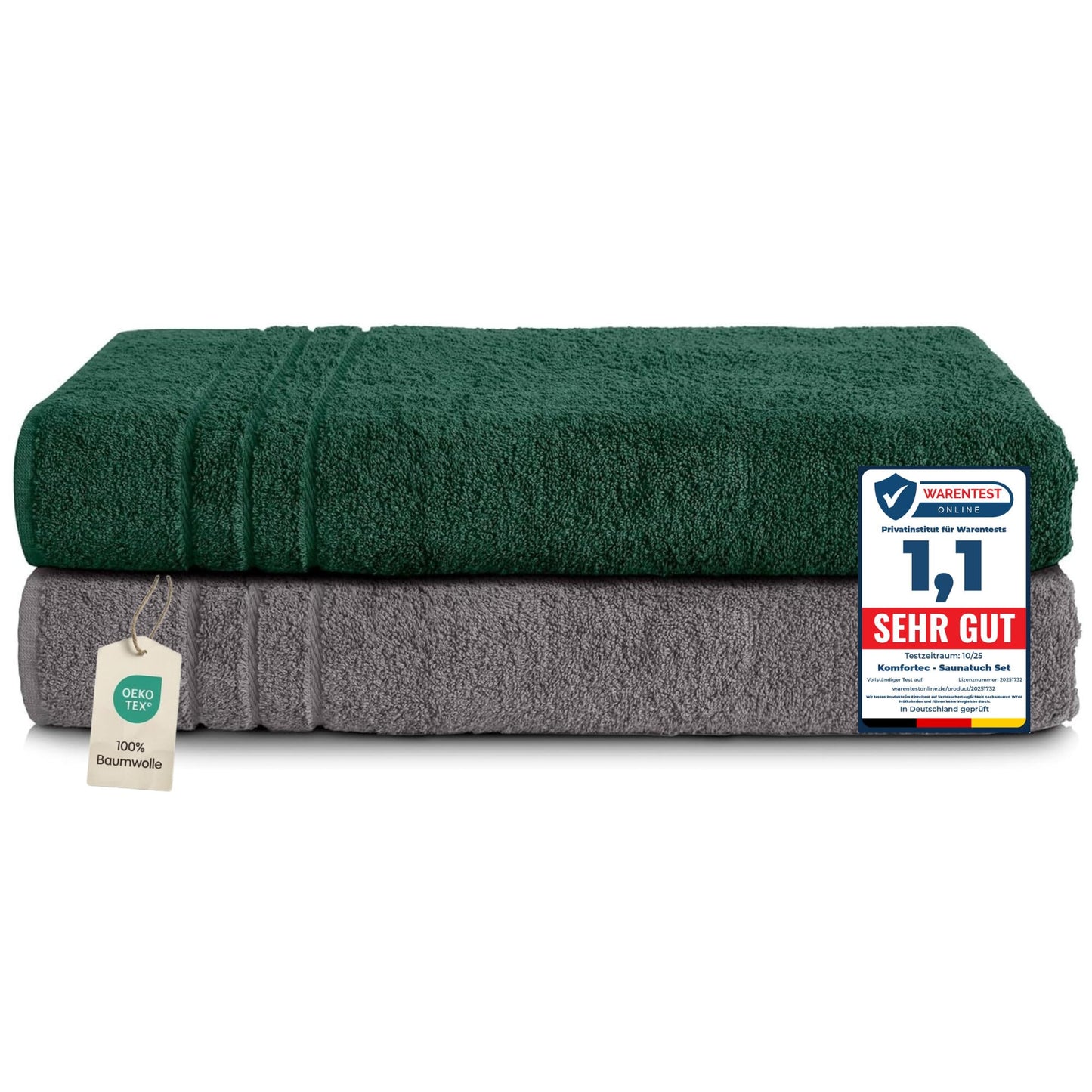 Komfortec Jumbo Bath Towels, 100% Cotton, Quick Dry, 80x200, Grey & Dark Green
