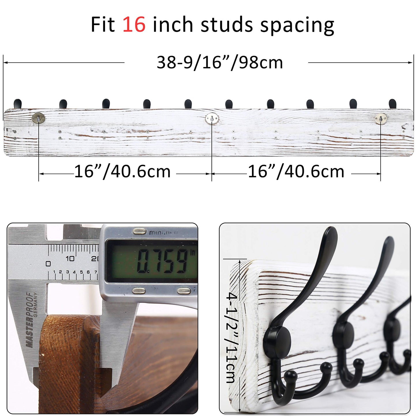 WEBI Coat Rack Wall Mounted,98cm Long,10 Hooks,Wood Coat Hooks Wall Mounted,Coat Hanger Wall,Hook Rack Rail,Triple Hooks for Hanging
