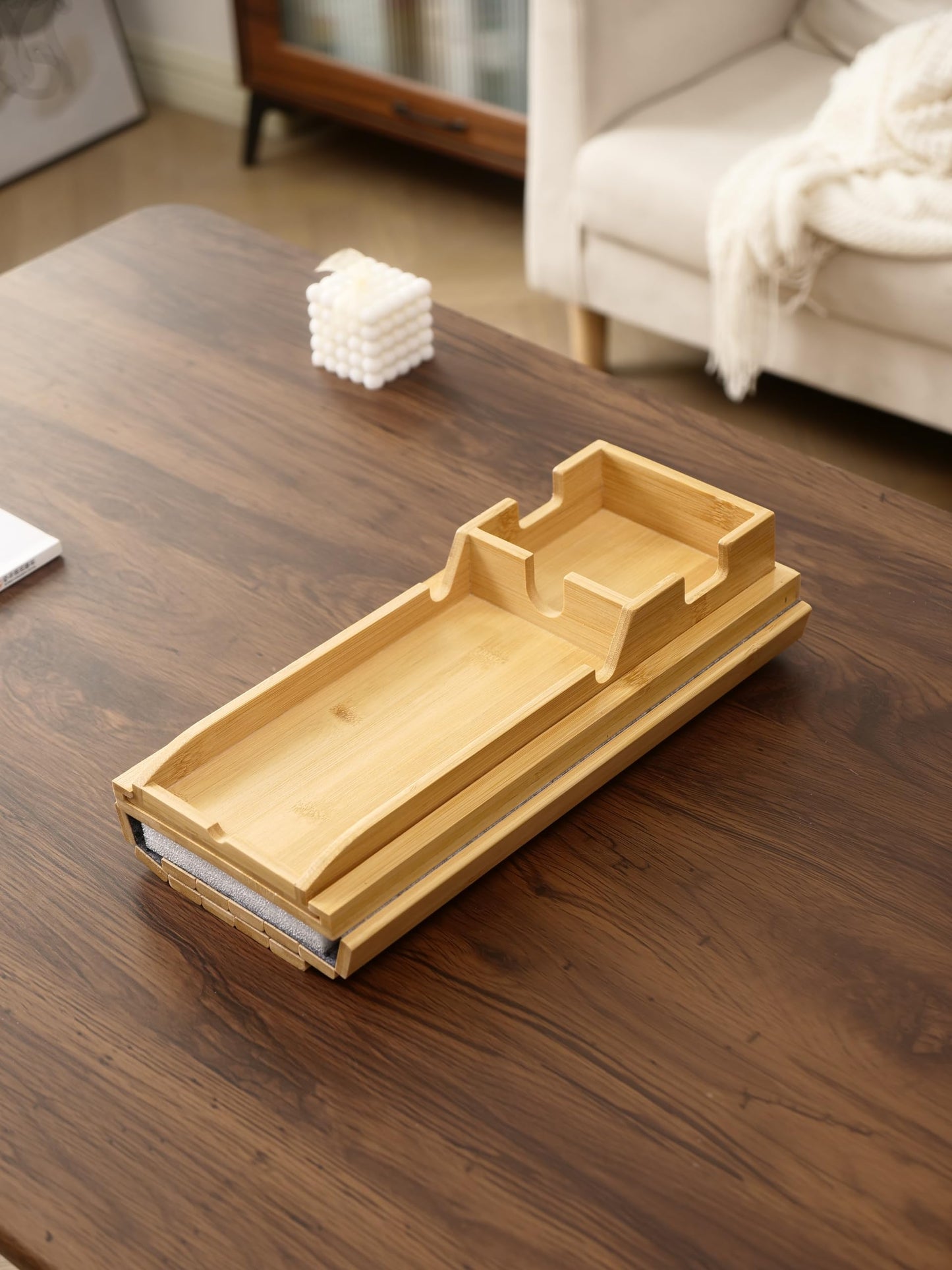 Uwenkjie Natural bamboo sofa armrest tray, three in one pull-out and detachable sofa cup holder, armrest table with anti slip pad