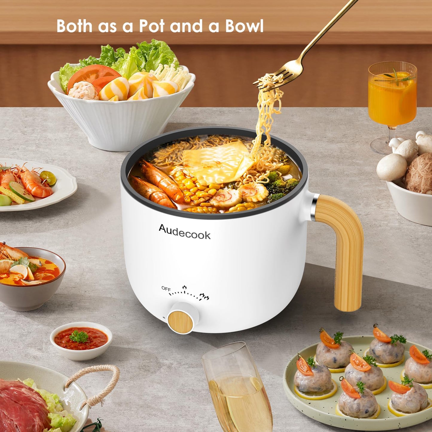 Audecook Electric Hot Pot with Steamer, 1.5L Portable Non-Stick Mini Multifunctional Cooker, Shabu Hot Pot, Electric Skillet with Dual Power Control
