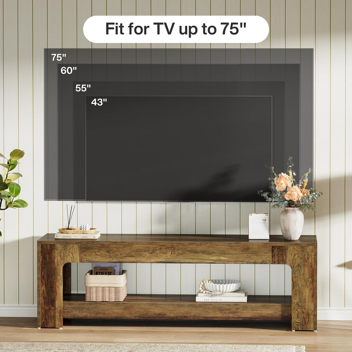 Tribesigns TV Stand for Living Room for 55/60/65/75-Inch TVs, Farmhouse Rustic TV Console with Storage Shelves