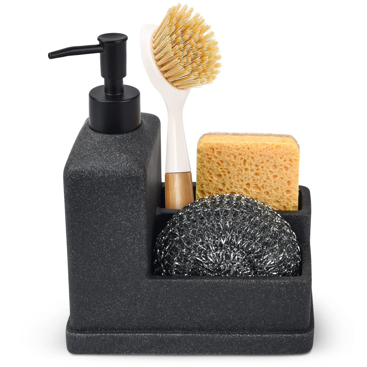 Soap Dispenser with Sponge Holder,Liquid Hand and Dish Soap Dispenser and Spong Caddy with Brush Holder 3 in 1 Countertop Organizer for Kitchen Sink