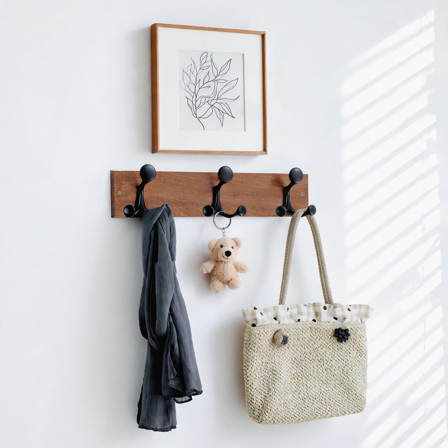 HONSKY Wall Mounted Coat Rack, 43cm Brown Pine Wood Base, 3 Black Sturdy Aluminium Alloy Triple Hooks (9 Hanging Points)