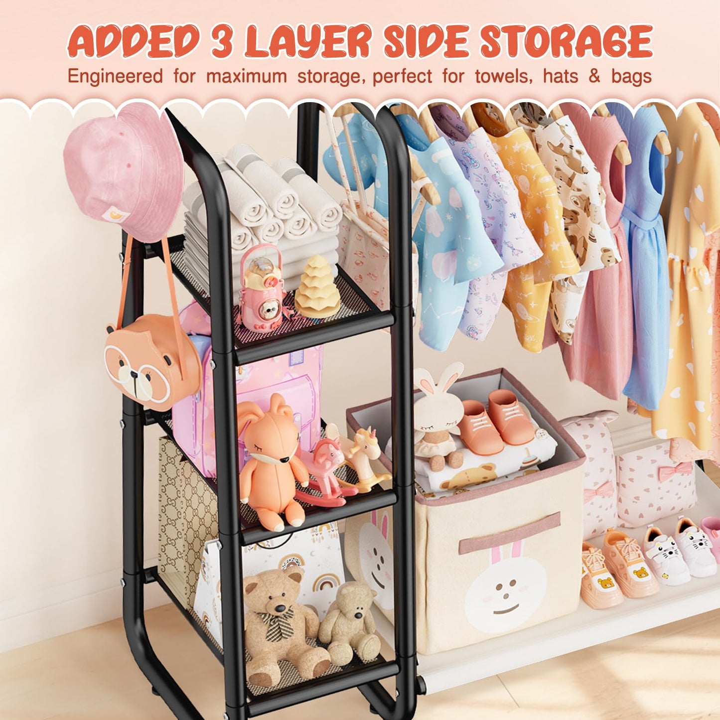 Kids Clothes Rail with 3-Tier Storage Shelves Strong Storage Dress Up Rail