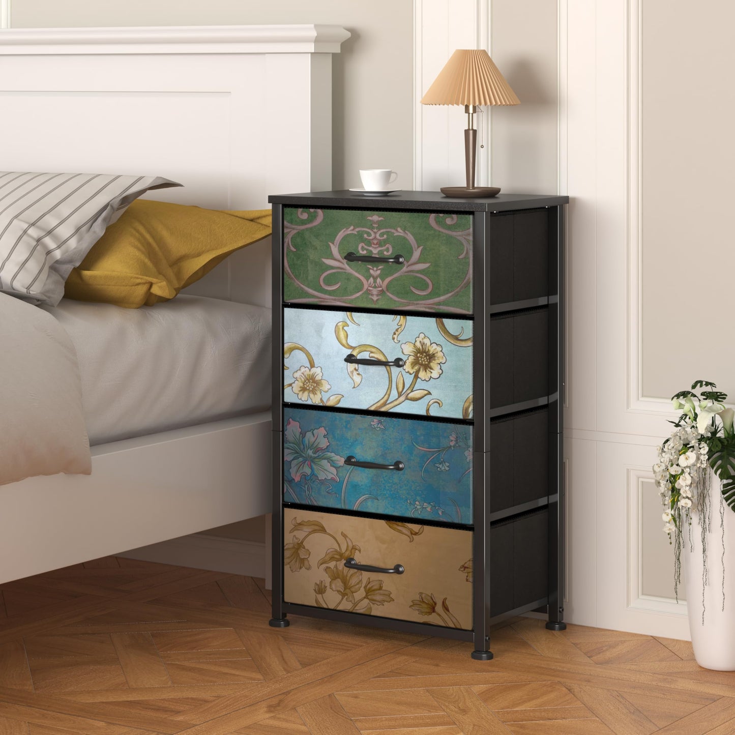 CAIYUN Chest of Drawers Bedroom with 4 Drawers and Flower Printing, Small Fabric Dressers, Dresser for Entryway Hallway Living Room, Closet Storage