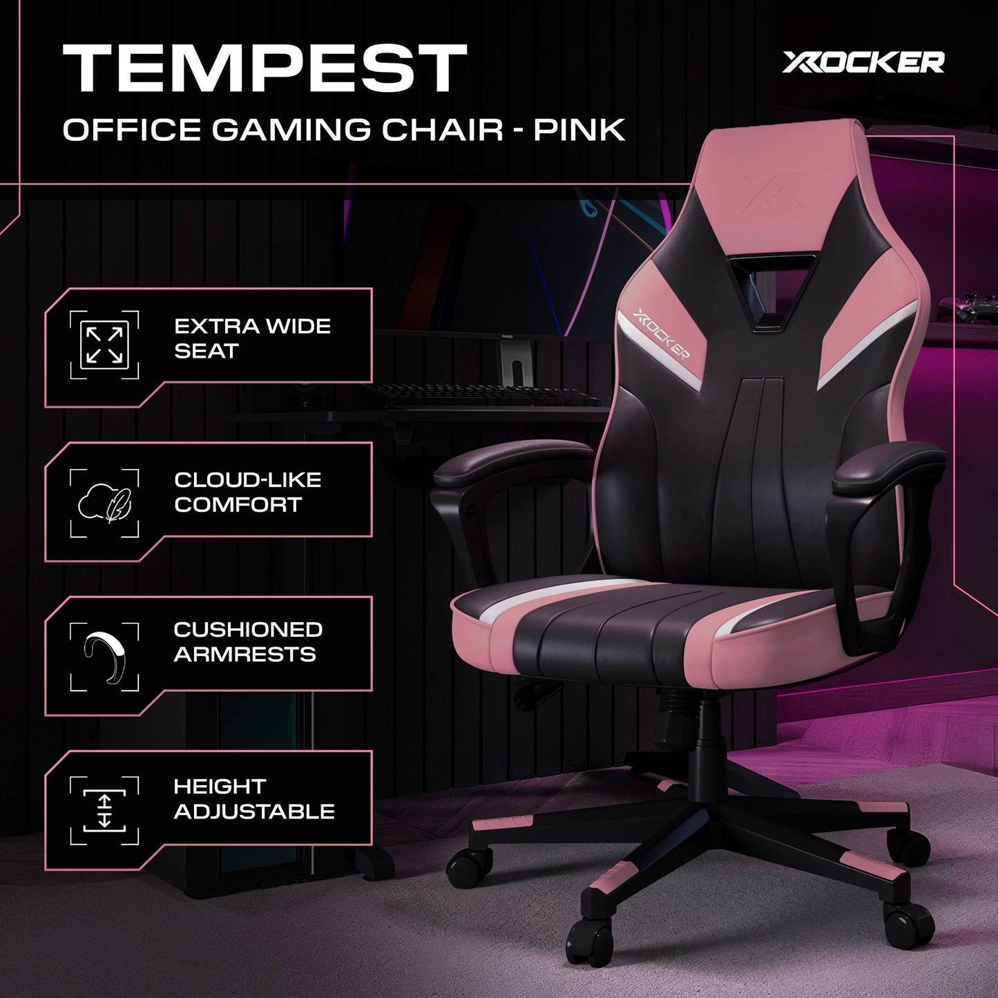 X-Rocker Tempest High Back Ergonomic Office Gaming Chair for Adults & Teens - Extra Wide Seat, Cushioned Armrest, Height Adjustable