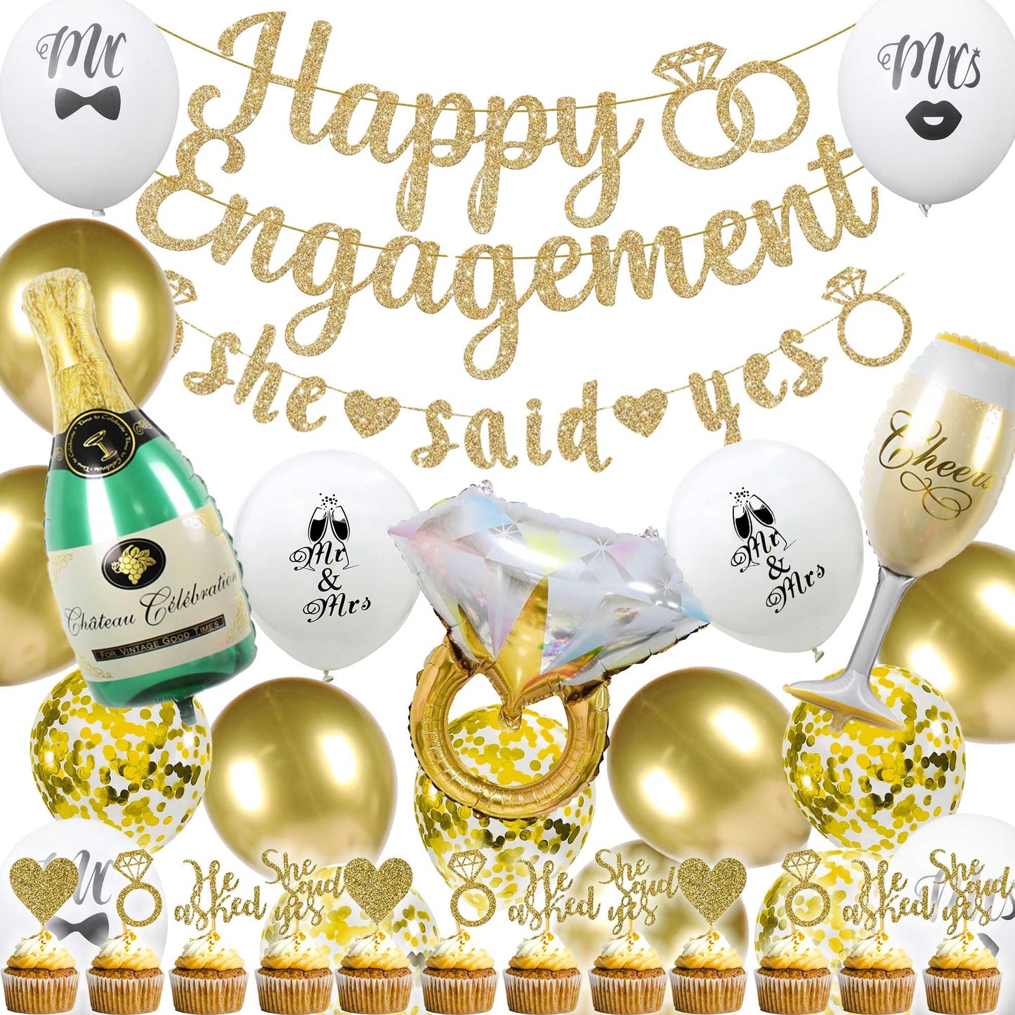 Engagement Party Decorations Banner Balloon- 35 Pcs Gold Glitter Happy Engagement She Said Yes Banners Cupcake Toppers Diamond Ring Wine Glass Bottle