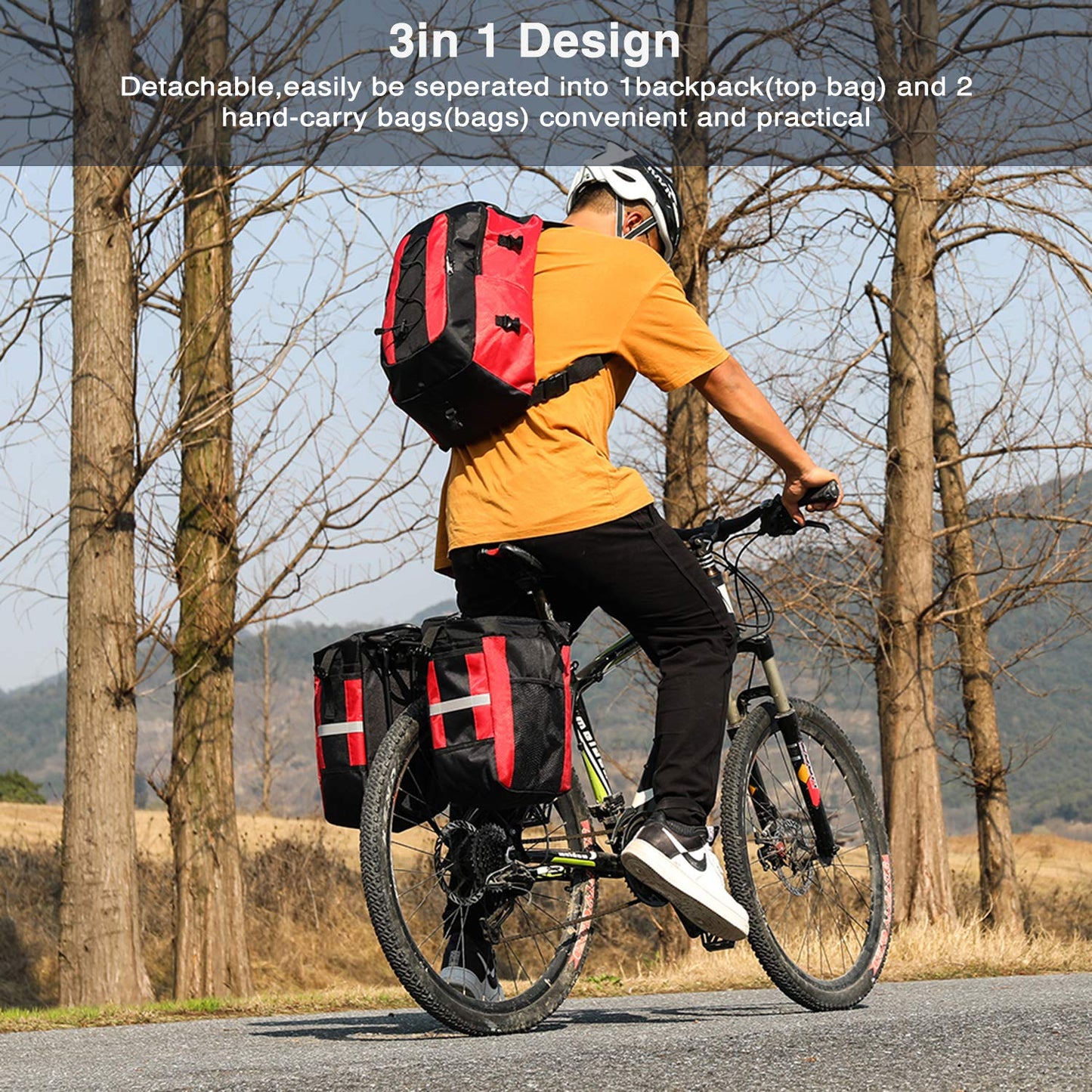 PELLOR 70L Waterproof 3 in 1 MTB Bike Rear Bicycle Pannier Bags Bike Rack Bag with Rain Cover (Red)