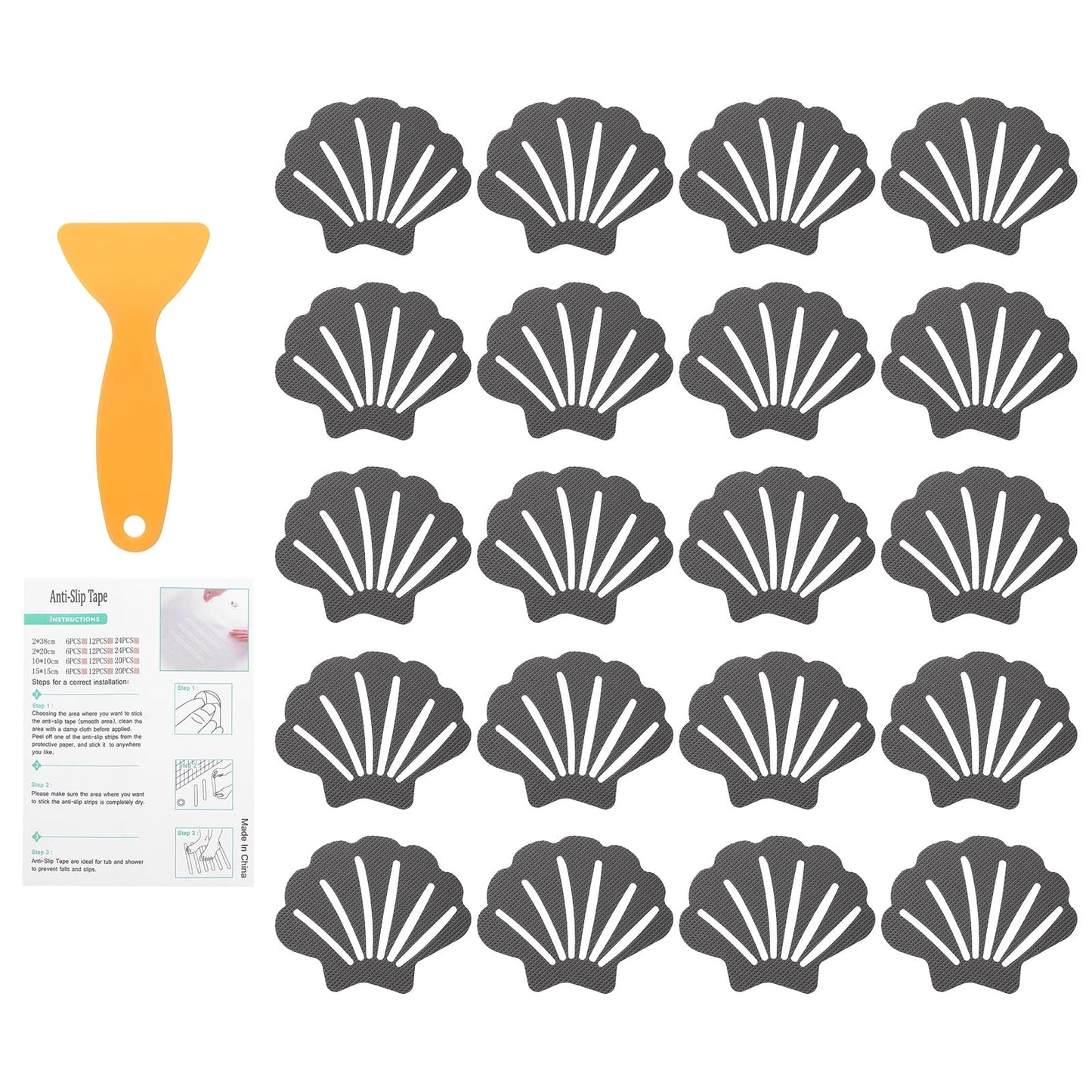sourcing map 20Pcs Non-Slip Bathtub Stickers, 9x7 cm Shell Shape Shower Floor Non Slip Stickers with Scraper for Bathroom Shower Stairs Ladders, Gray