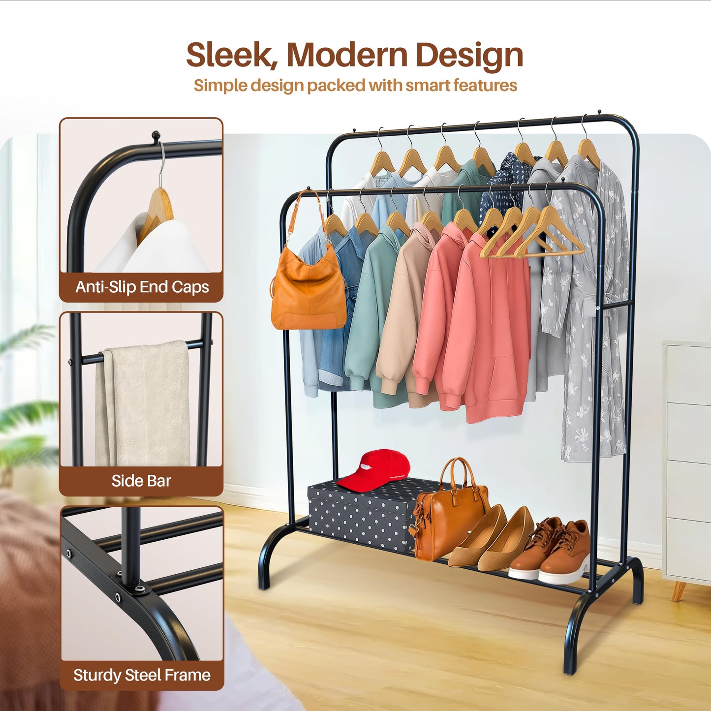 PORTENTUM Heavy duty clothes rail in steel – up to 35 kg – with double rail and shoe shelf – Clothing rack with non-slip feet