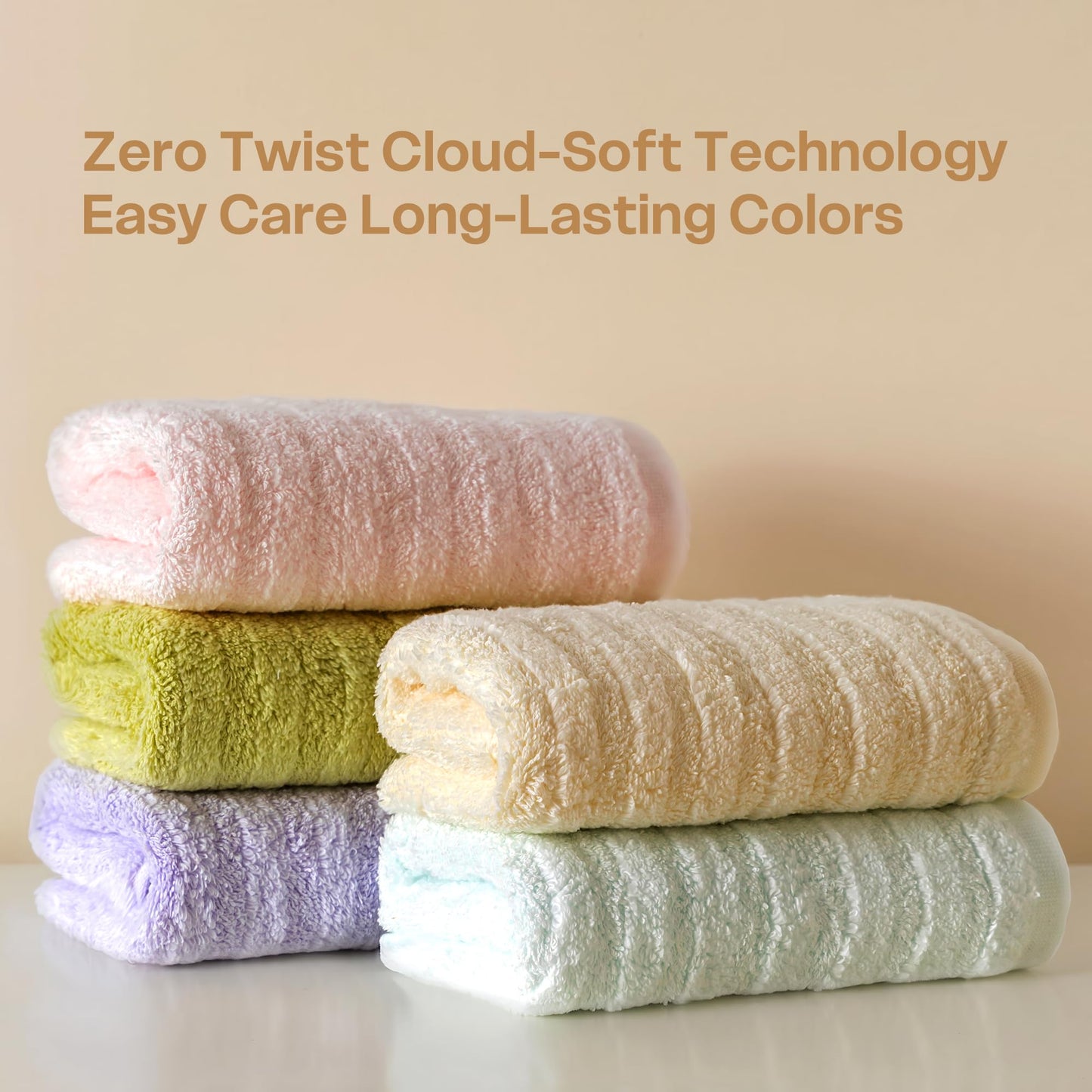 Vie TRIOMPHE 4-Pack Ultra-Soft Fluffy Face Towels 34x80cm, Zero-Twist Long-Staple Cotton, Blue Pink Purple Yellow, Cloud-Like Plush Texture