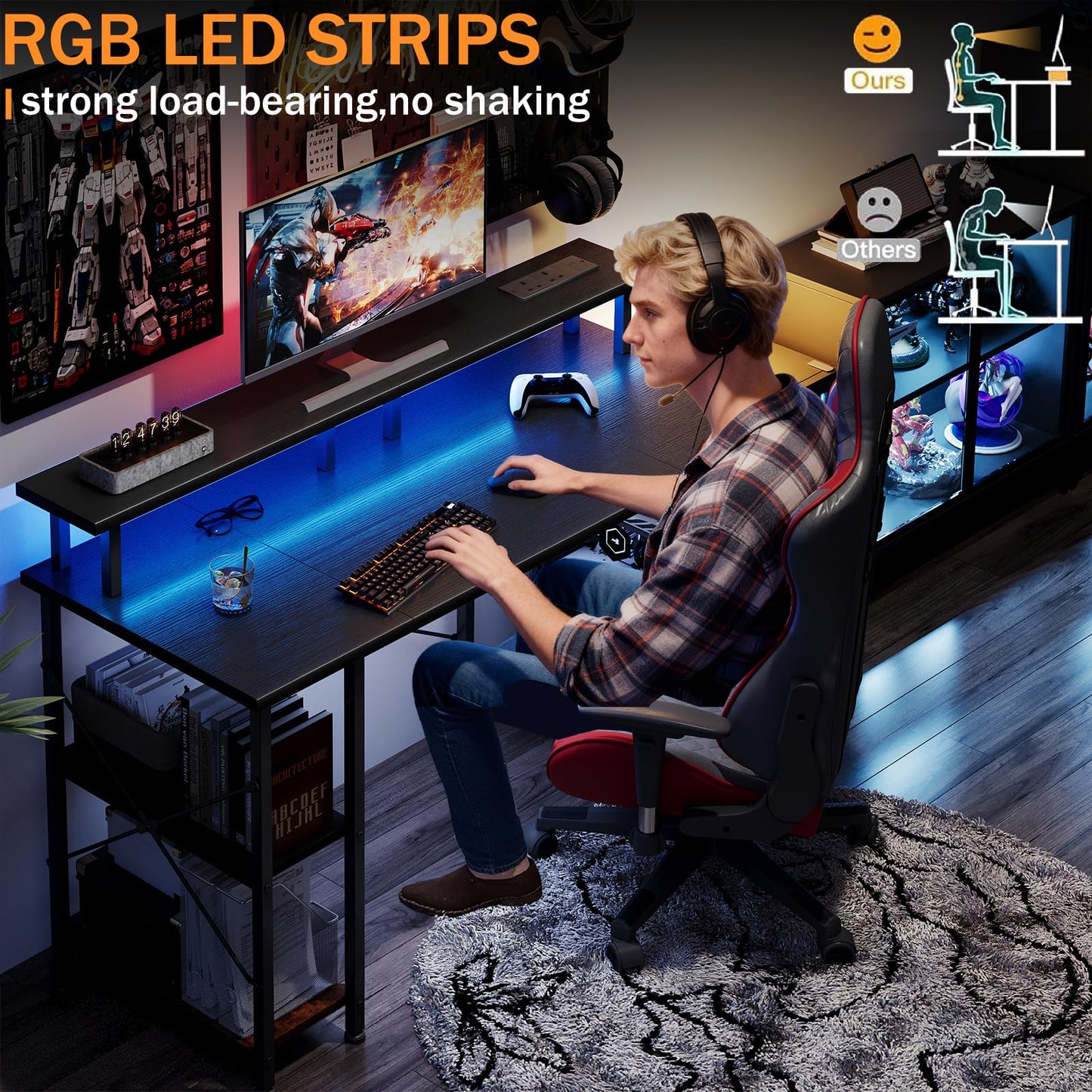 MUTUN Gaming Desk with LED Lights & Power Outlets, 120×50cm Computer Desk with Storage Shelves & Dual Monitor Stand