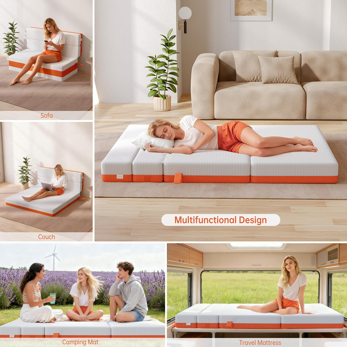 TeQsli Folding Mattress, 15cm Double Foldable Mattress, Memory Foam with Removable Washable Cover, for Guest Sofa Bed, Camping, Travel (135x190x15cm)