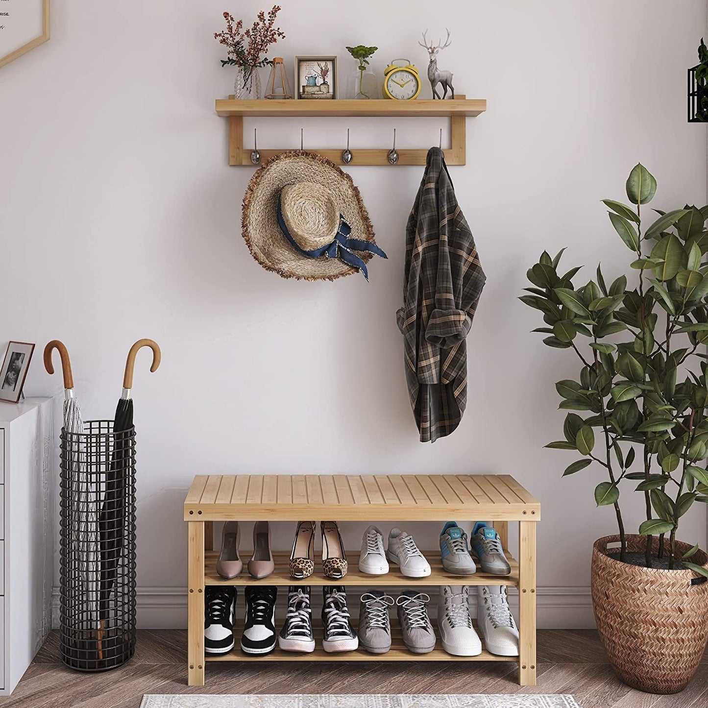 SMIBUY Coat Hooks with Shelf Wall-Mounted, 74 cm Entryway Coat Rack for Wall, Bamboo Hanging Shelf with 5 Double Metal Hooks for Bathroom, Bedroom
