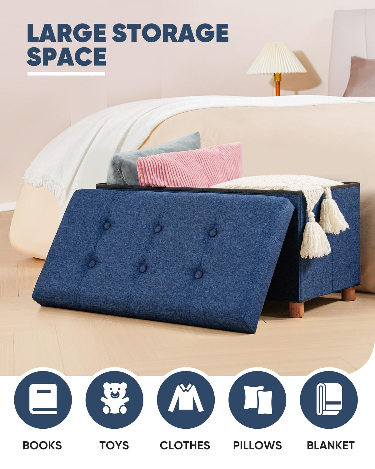 Bonlife Storage Ottoman with Tray, Foldable Bench with Wooden Legs