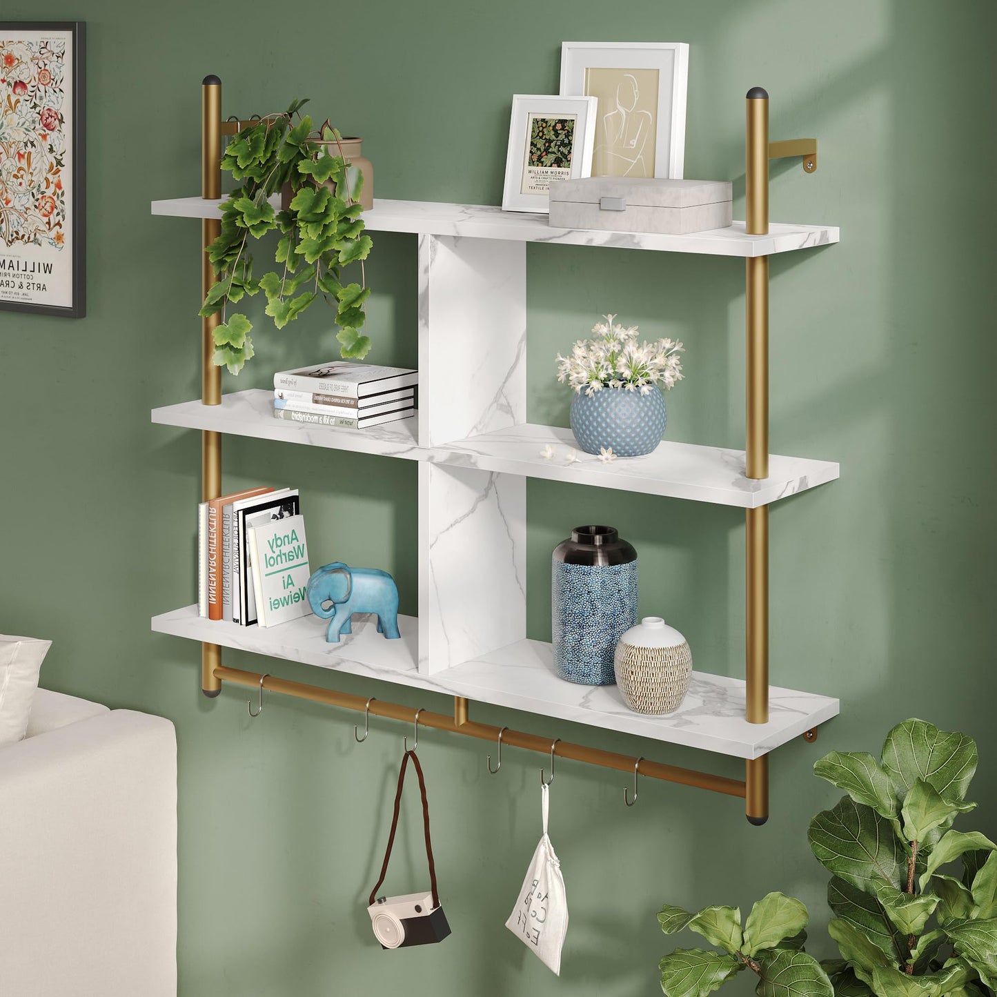 Bestier 3 Tier Floating Pipe Shelving 115CM Industrial Wall Mounted Ladder Shelf Hanging with Circular Tube with Hooks Wood Display Storage Home Decor