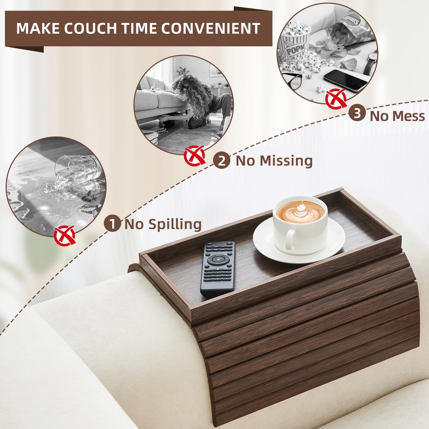 LOVYANXUE Couch Arm Tray, Anti-Falling Bamboo Sofa Armrest Tray Table, Foldable & Portable Armrest Cup Holder Side Table for Drinks, Coffee, Phone