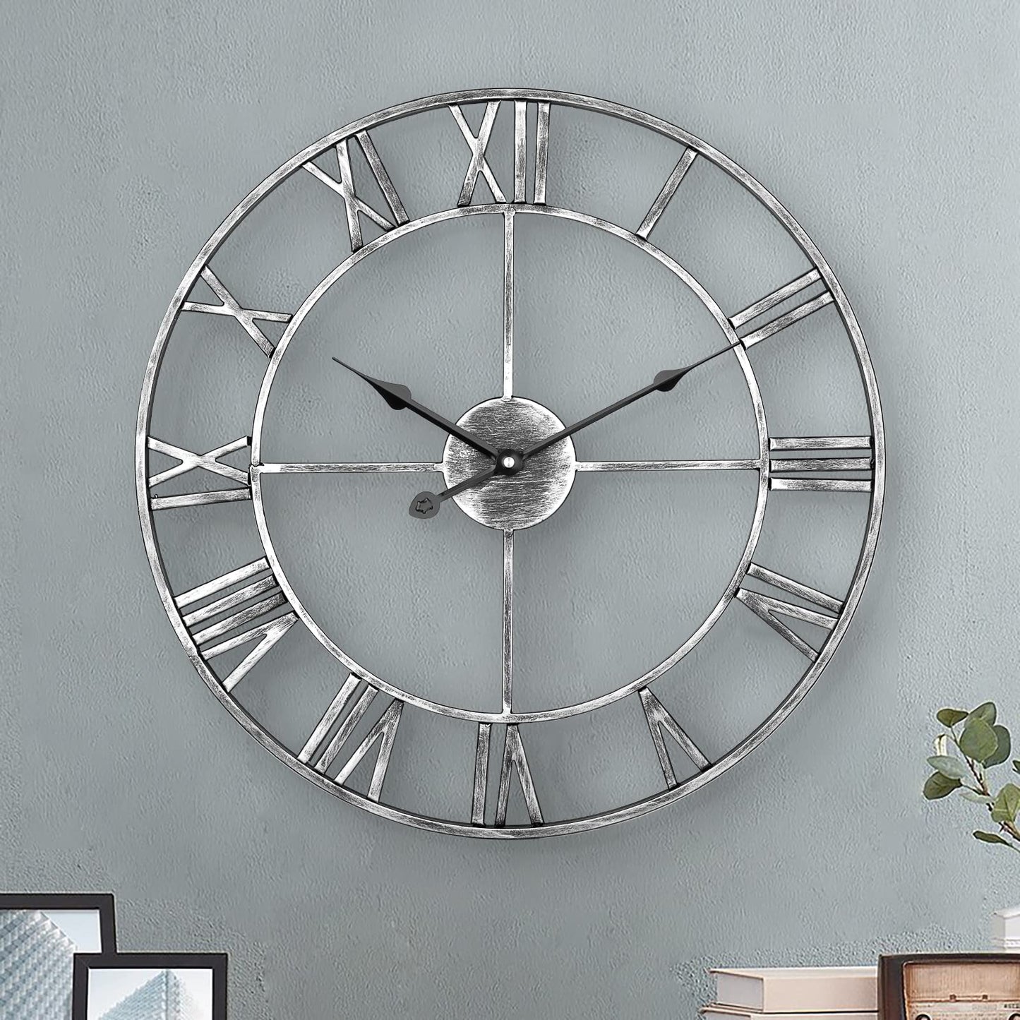 LENAUQ Silent Metal Skeleton Wall Clock, 47cm European Farmhouse Vintage Clock with Roman Numeral, Non-Ticking Battery Operated Hanging Wall Clock for