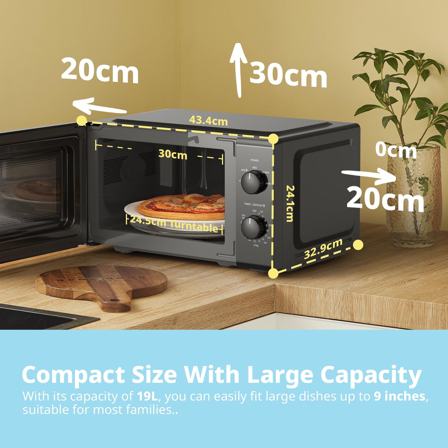 COMFEE' 19L 700W Black and Mirror Mini Microwave Oven, Compact Design, InverTech and Quick Defrost Function, 5 Cooking Power Levels with Kitchen