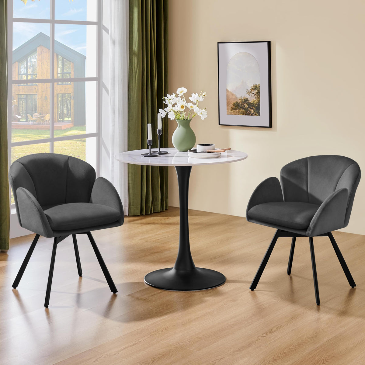 Yaheetech Swivel Tub Chair, Flower Shape Velvet Armchair, Dark Grey
