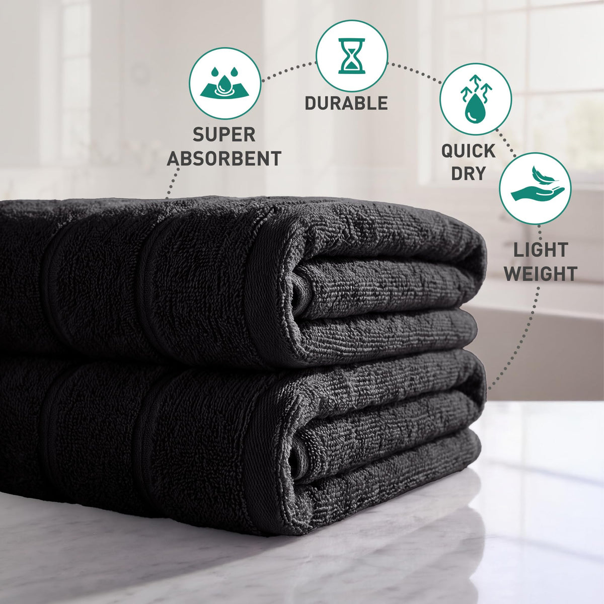 Large Bath Towels Set of 2 I 100% Cotton I Bathroom Towels I Black