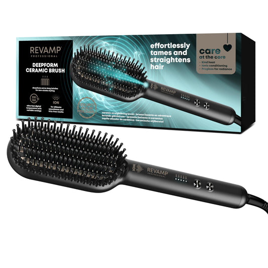 REVAMP Progloss Deepform Hair Straightener Brush, Ceramic Heated Brush Styler with Smoothing Salon Professional Shine Oils - Hot Styling Brushes with