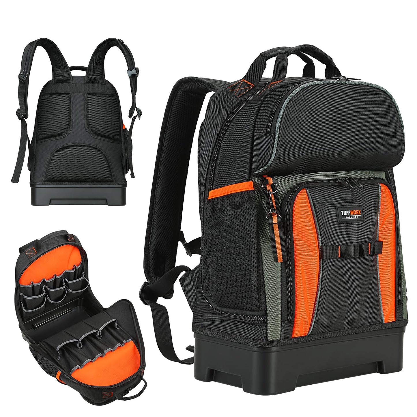 TUFFWORX Tool Backpack with Hard Bottom, Heavy Duty Storage Bag, Multiple Compartments, Black and Orange
