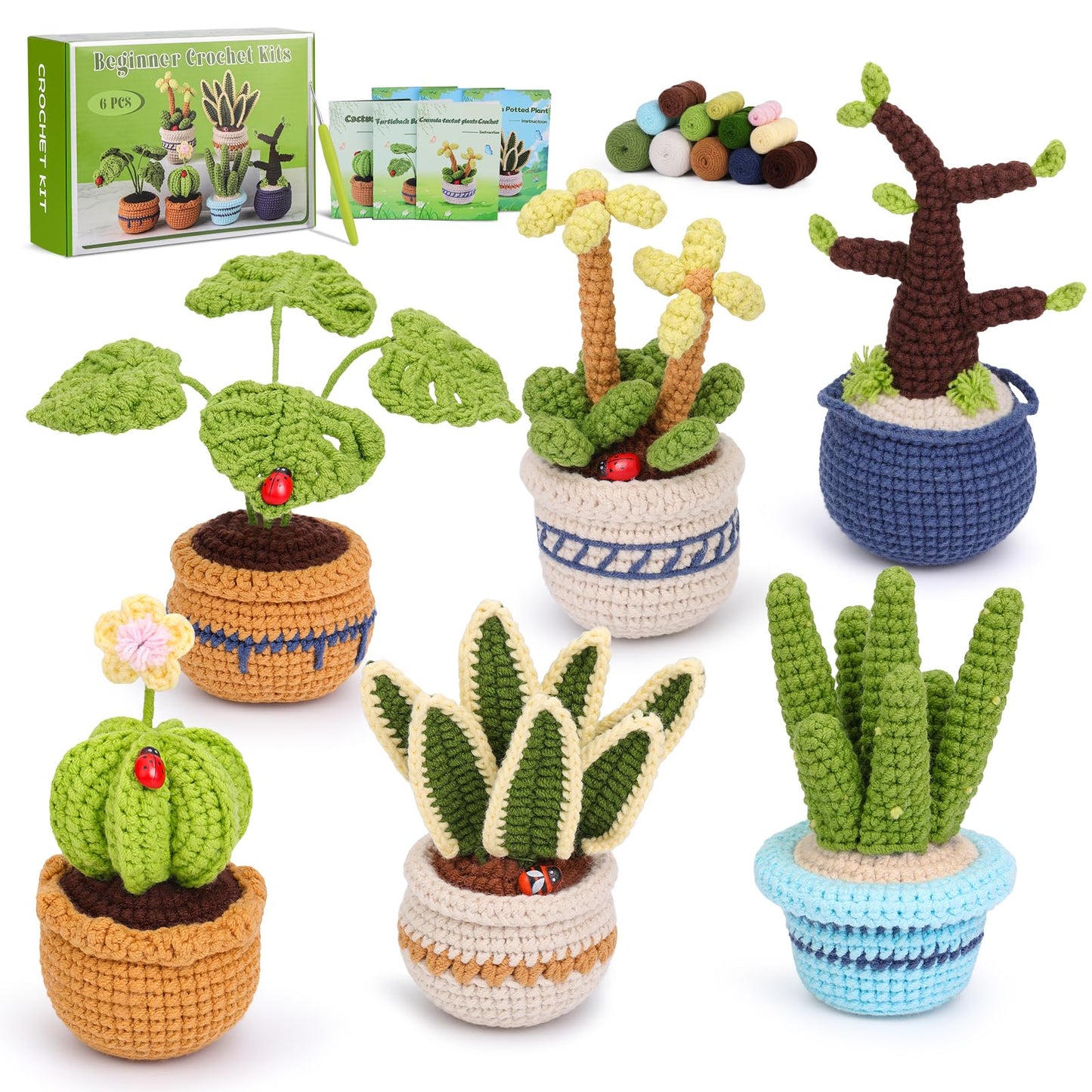 JUAYING Crochet Kit for Beginners Adults, 6 PCS Potted Plant Crochet Kit, Crochet Starter Kit, Include Step-by-Step Video Tutorial, Instruction