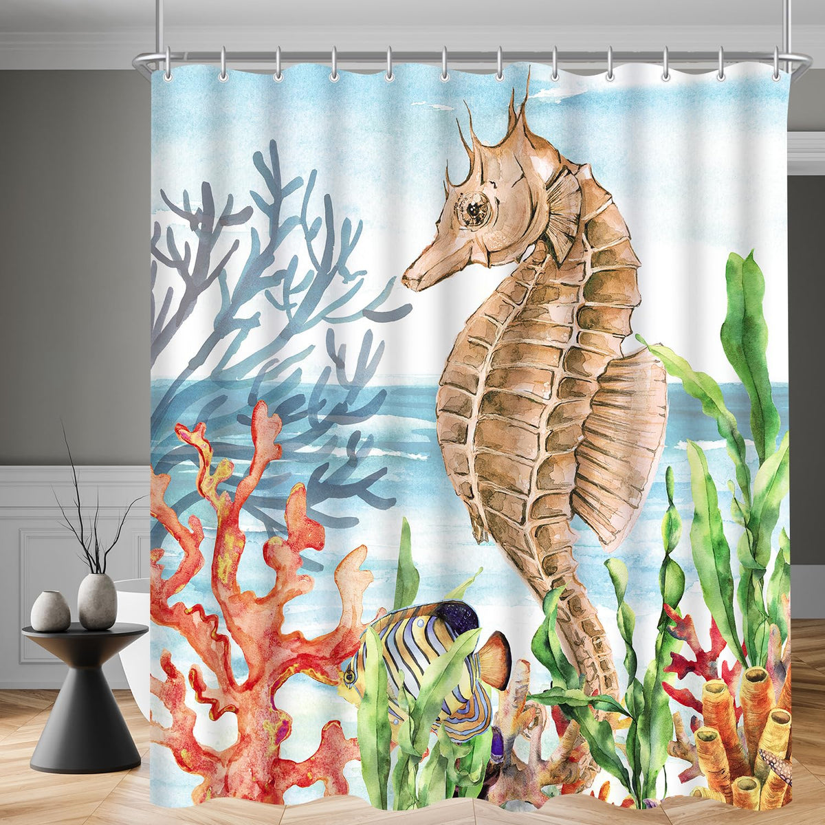 Lerores Shower Curtain, 180 x 200 cm, Seahorse Painted Motif, Weighted Hem, Anti-Mould, Water-Repellent, Washable Polyester Bath Curtains with 12