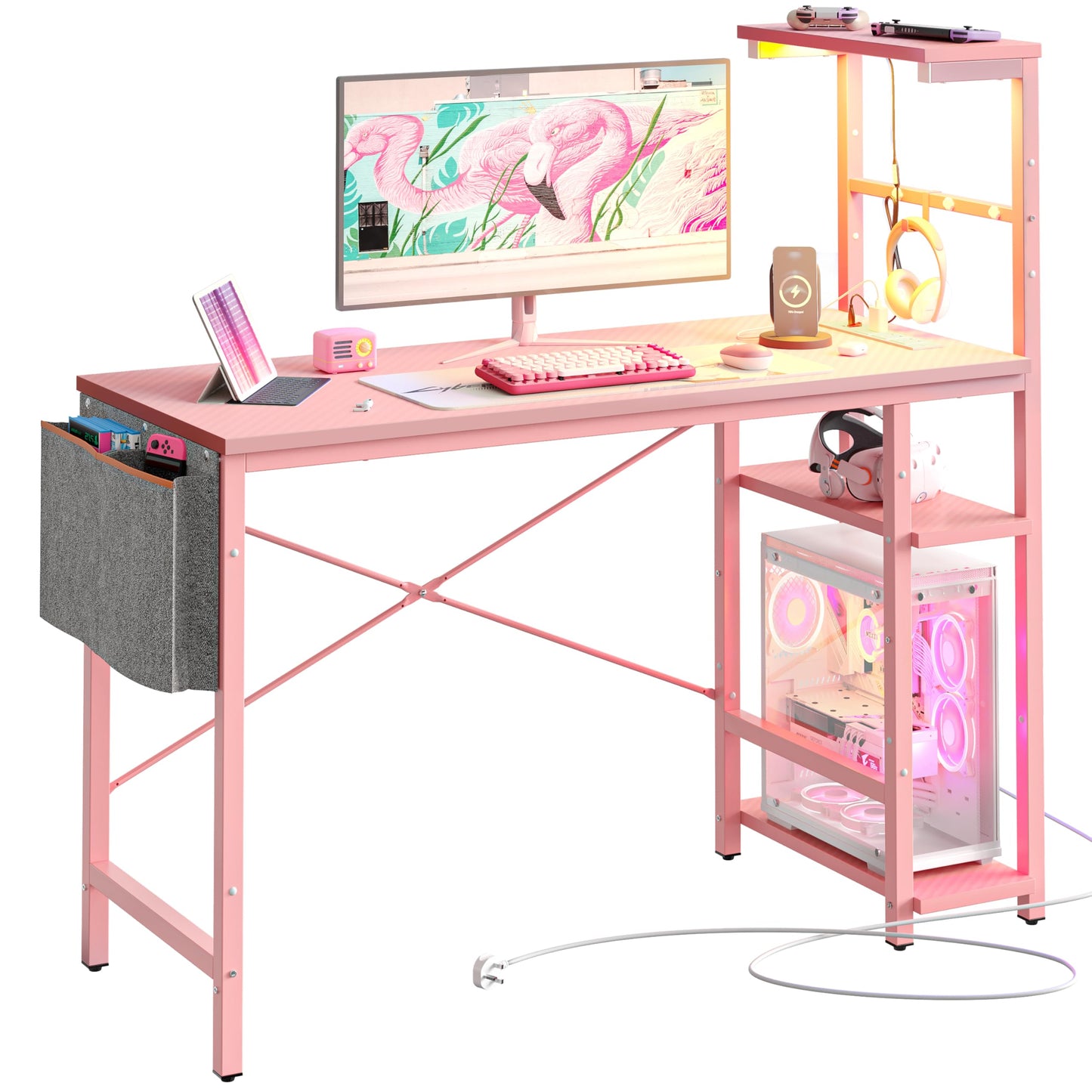 Bestier 113CM Corner Computer Desk with Power Outlets Computer Desk with LED Lights Reversible Writing Table with Side Pocket Storage Bag &